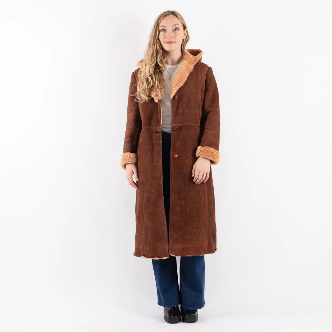 Vintage 70's Women Hooded Sheepskin Coat in Brown