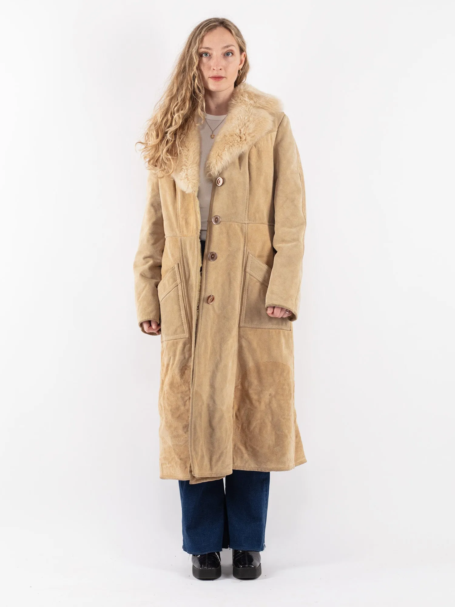 Vintage 70's Women Suede Sherpa Coat in Beige