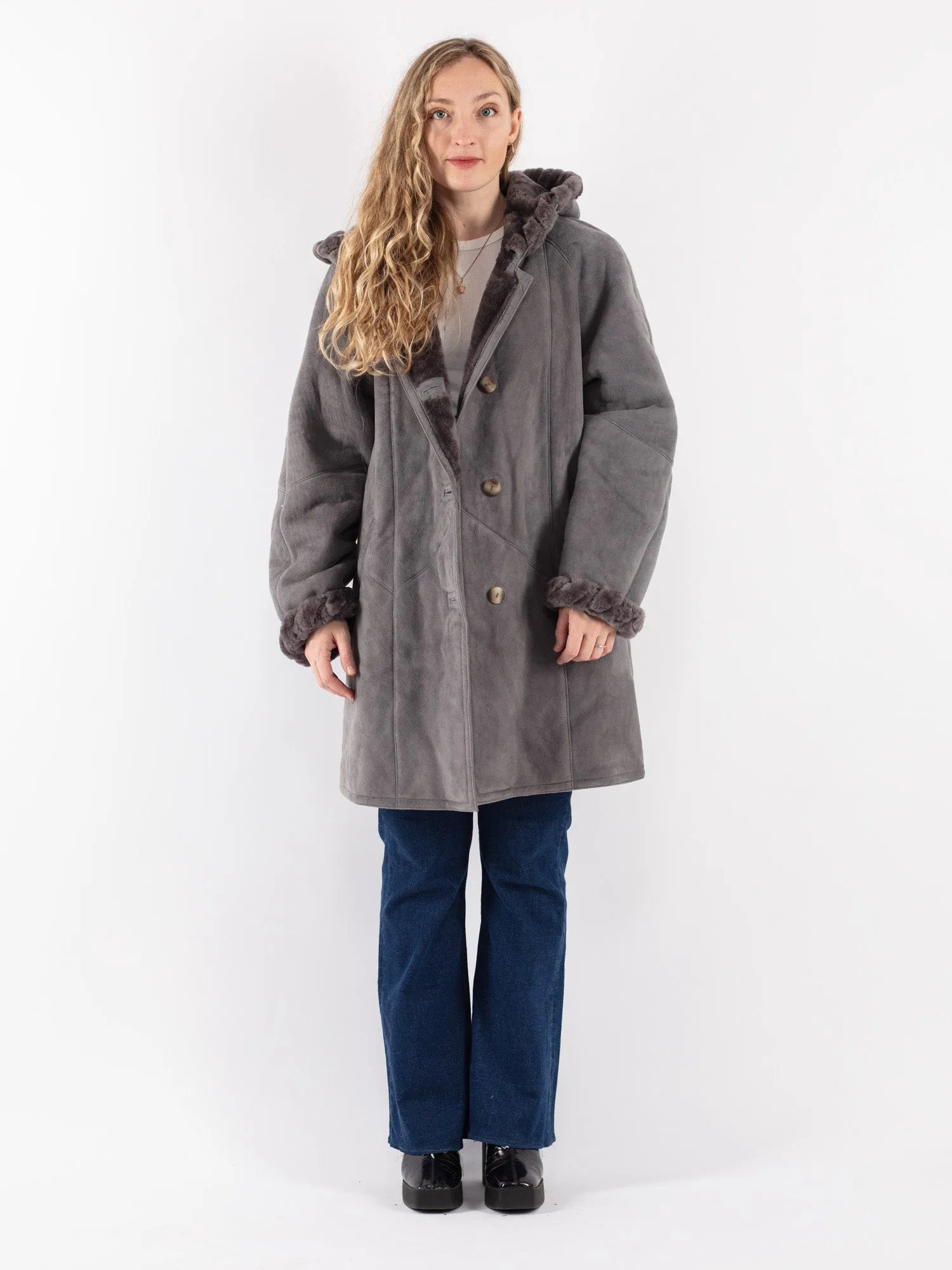 Vintage 80's Women Hide Society Sheepskin Coat in Gray