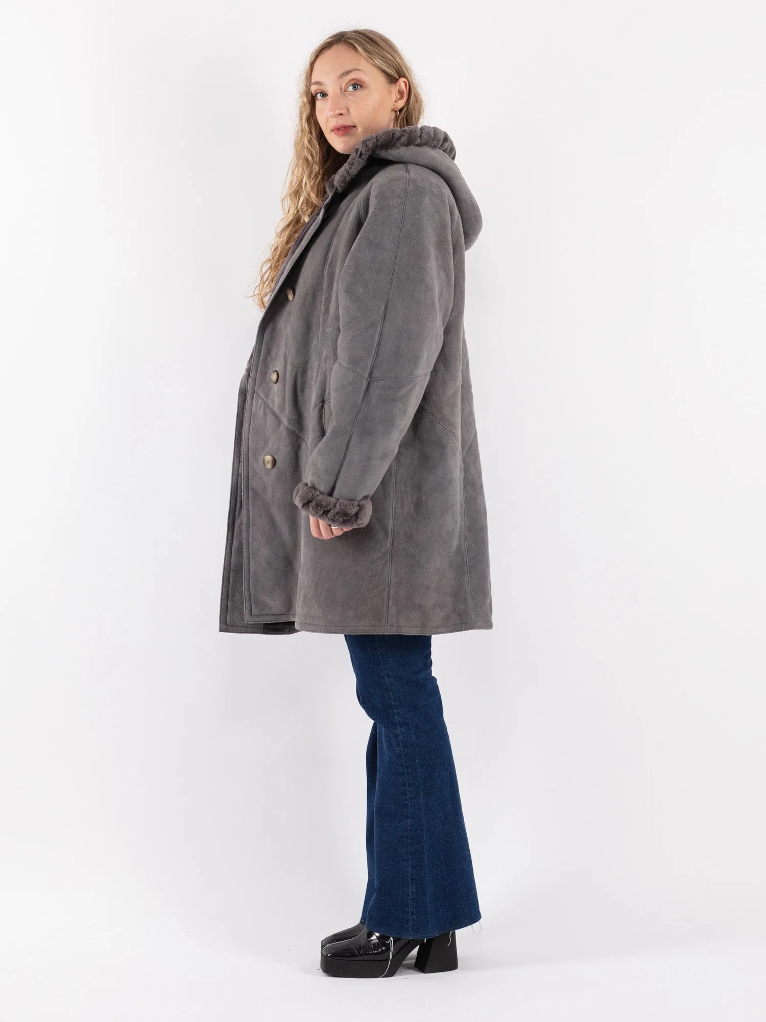 Vintage 80's Women Hide Society Sheepskin Coat in Gray