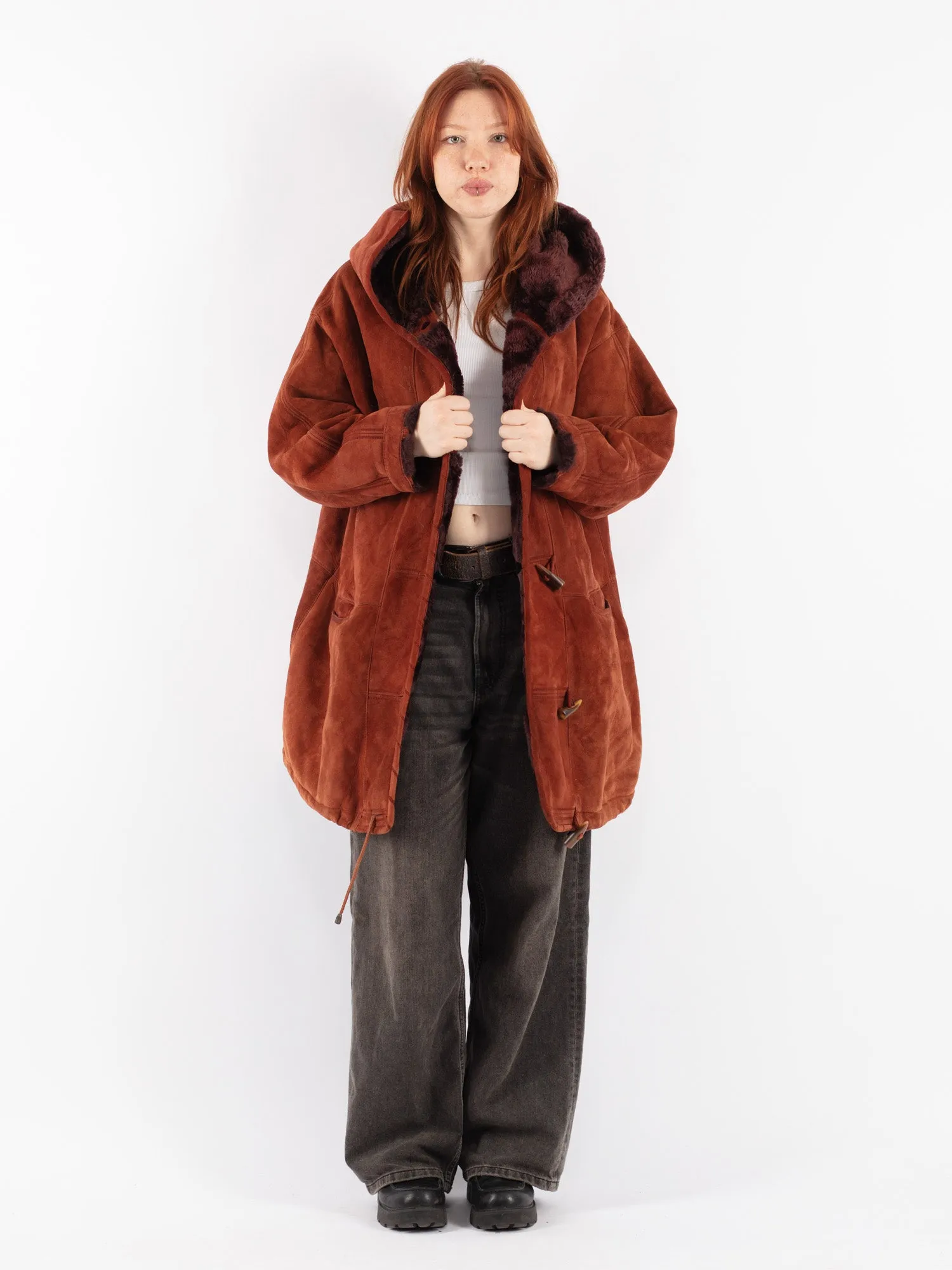 Vintage 80's Women Hooded Sheepskin Coat in Brown