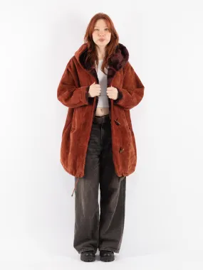 Vintage 80's Women Hooded Sheepskin Coat in Brown