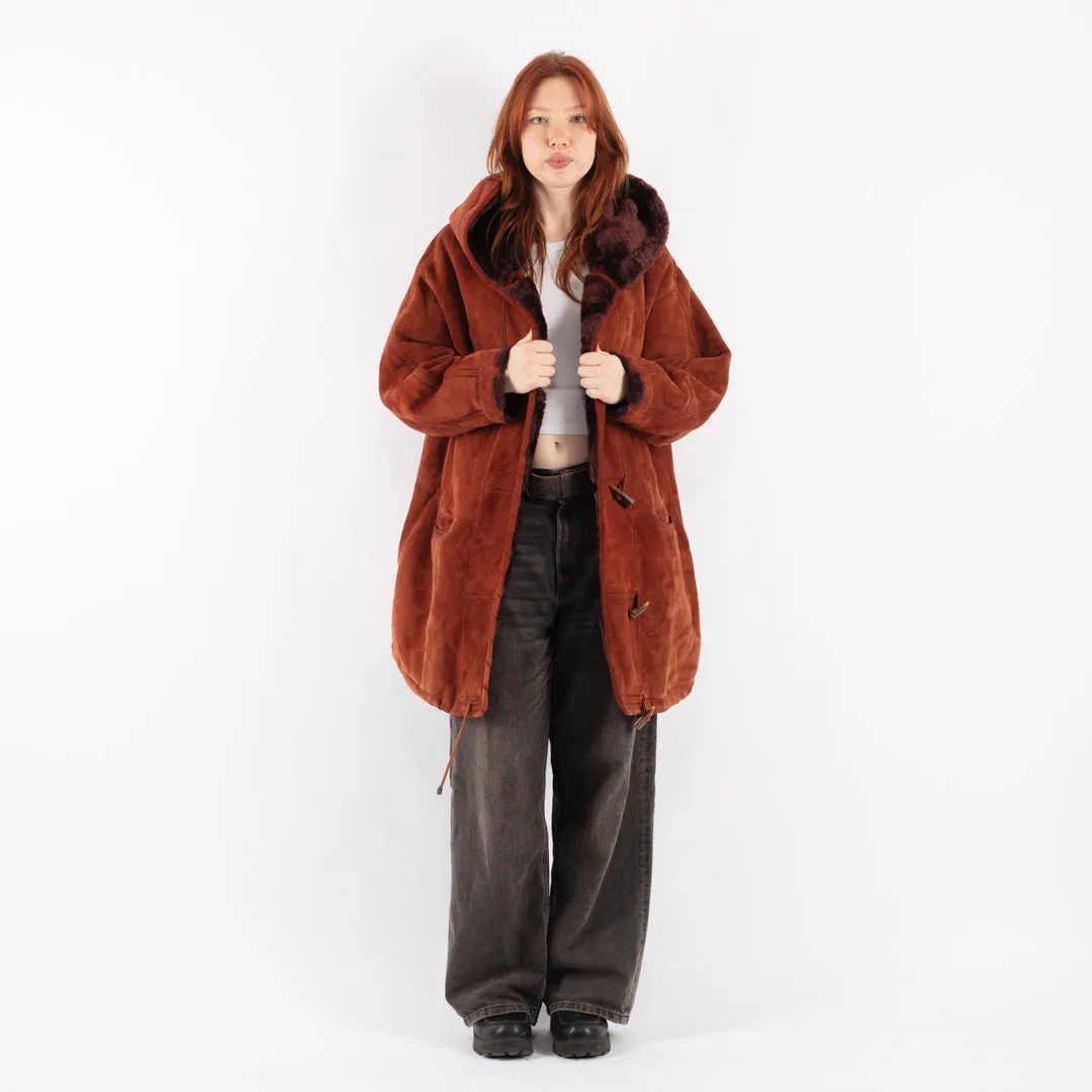 Vintage 80's Women Hooded Sheepskin Coat in Brown