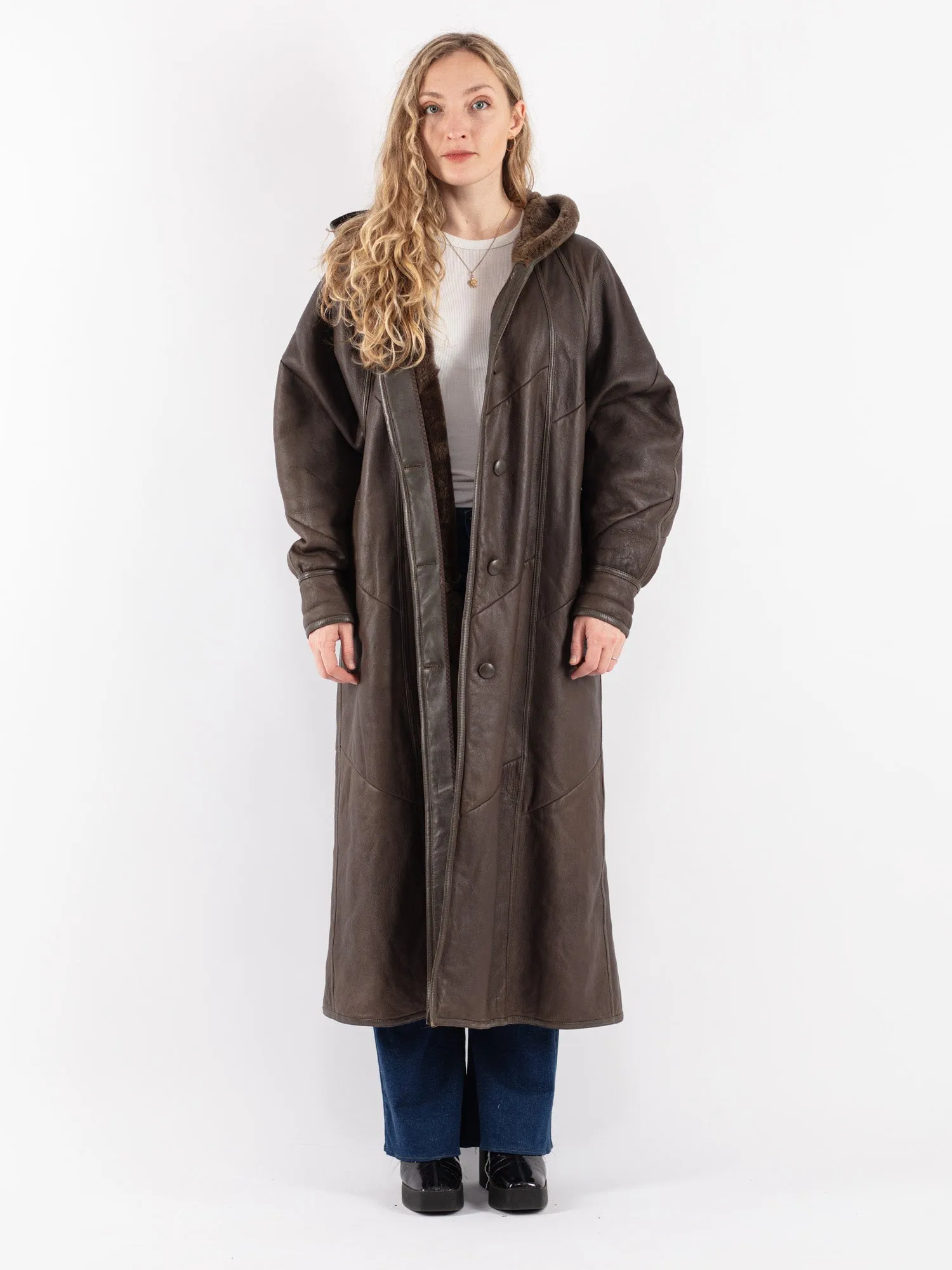 Vintage 80's Women Hooded Sheepskin Long Coat in Brown