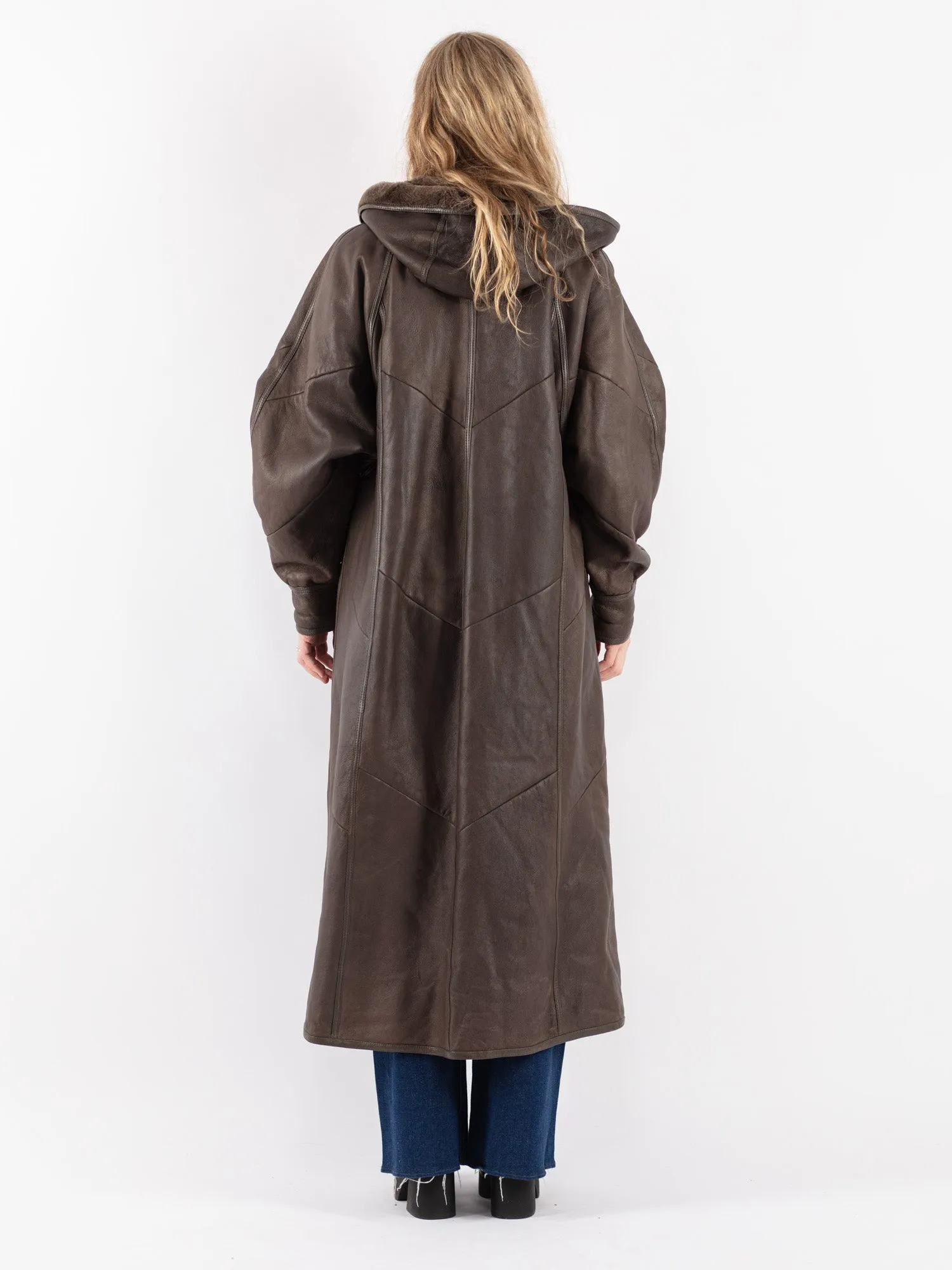 Vintage 80's Women Hooded Sheepskin Long Coat in Brown