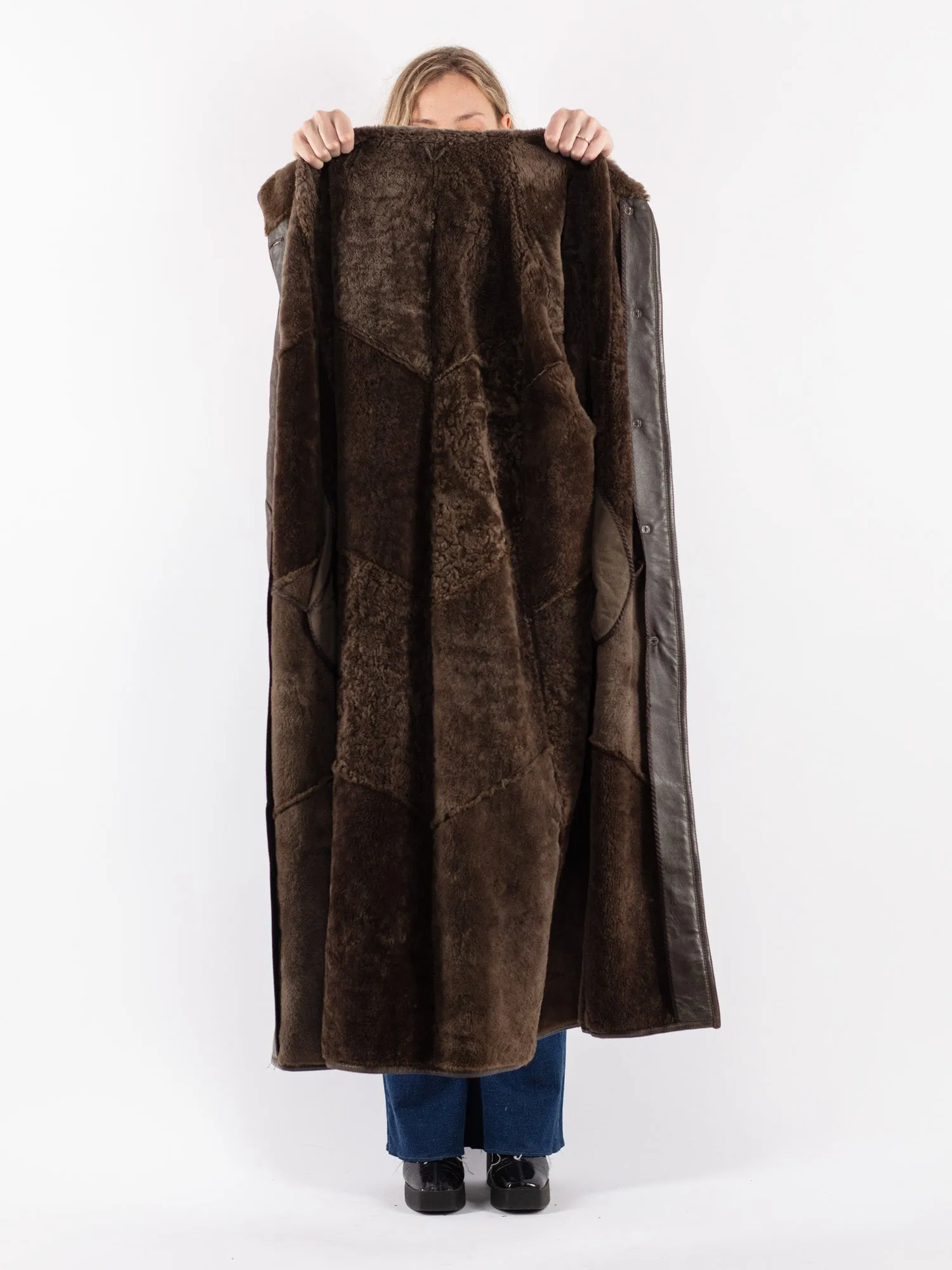 Vintage 80's Women Hooded Sheepskin Long Coat in Brown