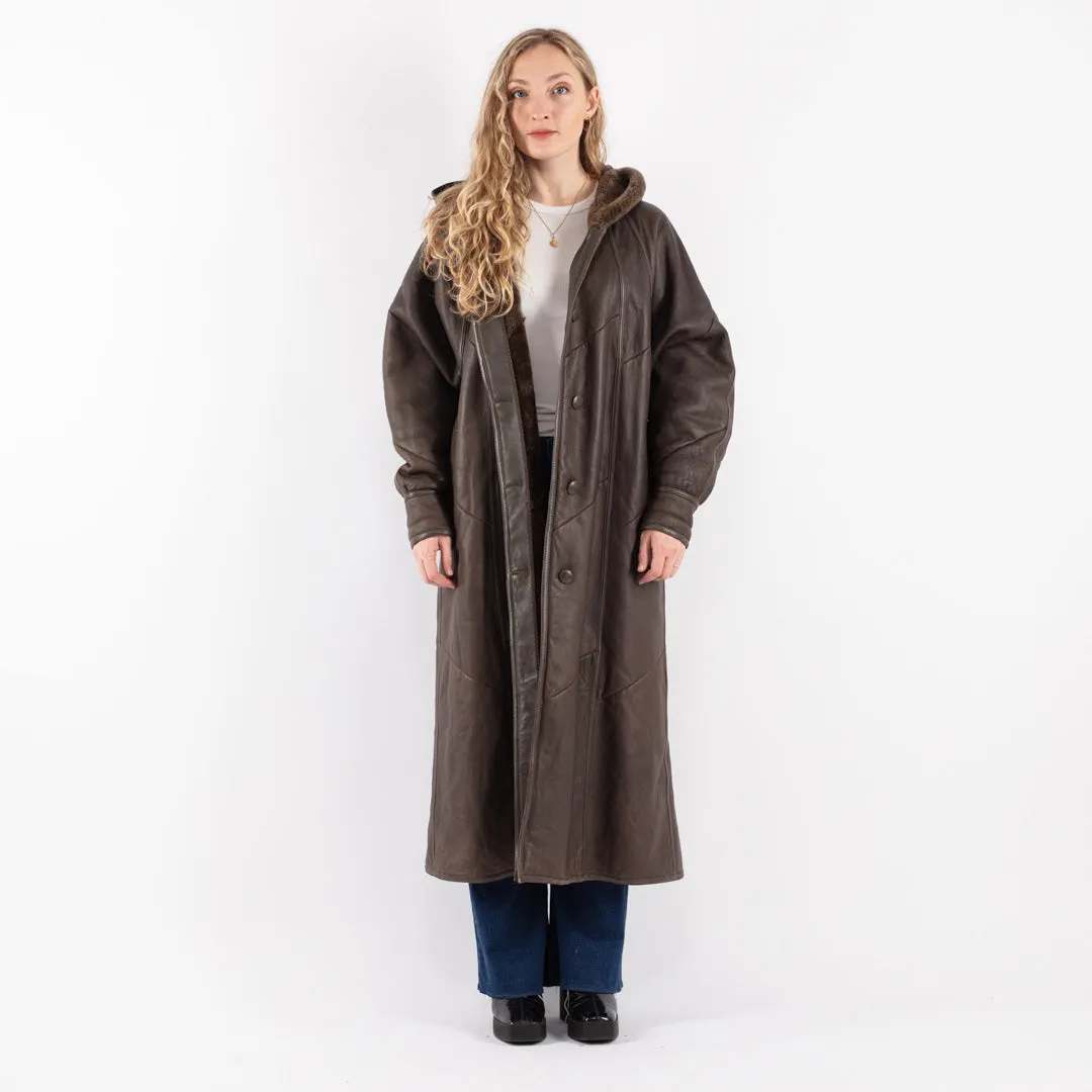 Vintage 80's Women Hooded Sheepskin Long Coat in Brown