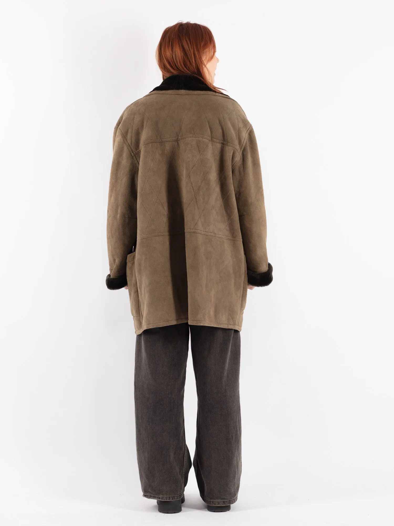 Vintage 80's Women Sheepskin Coat in Beige Green