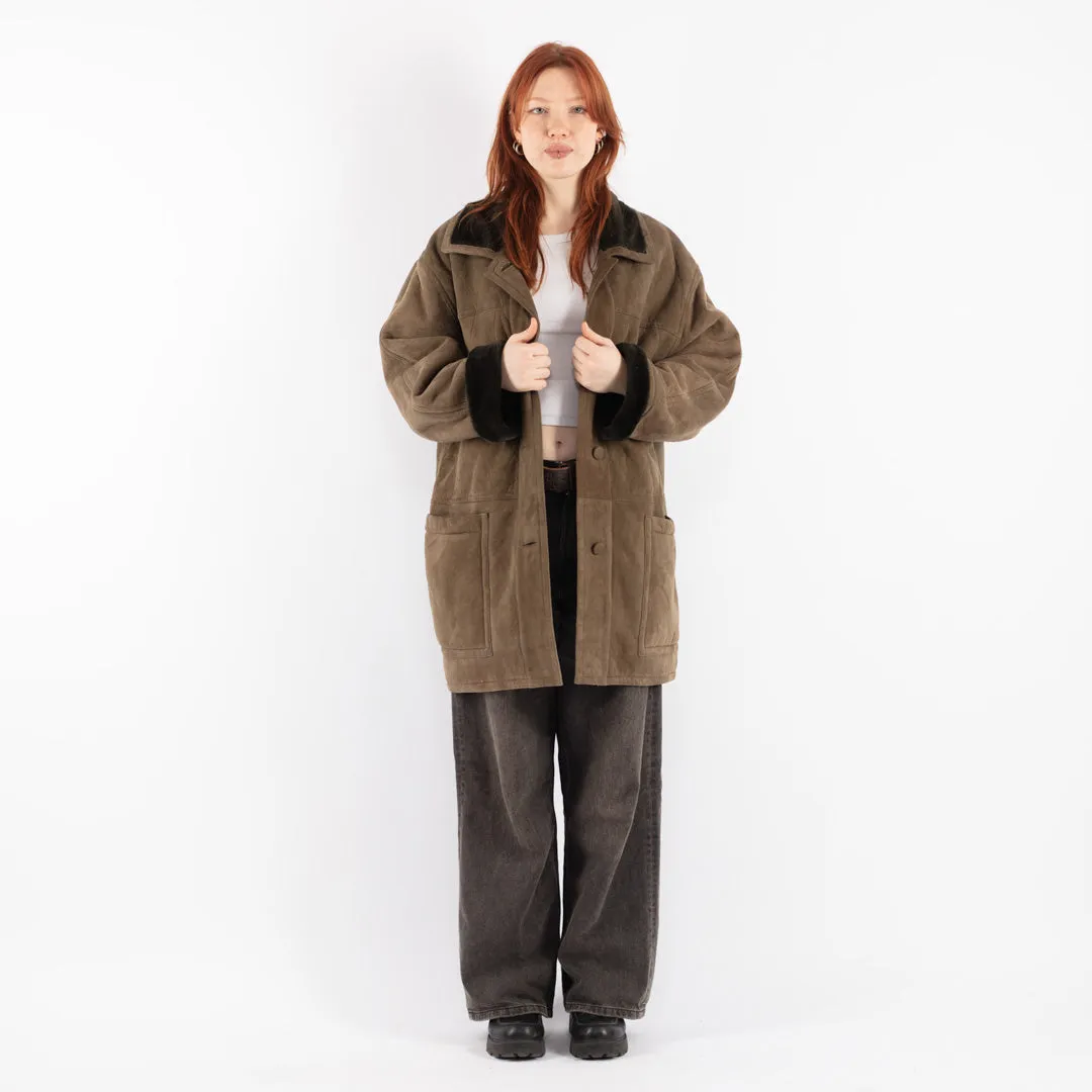 Vintage 80's Women Sheepskin Coat in Beige Green