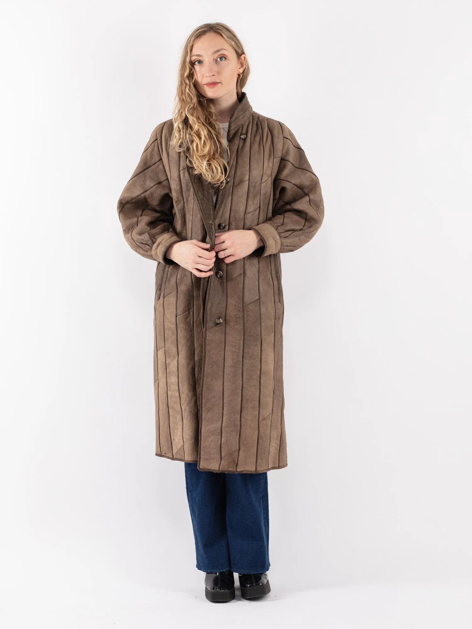 Vintage 80's Women Sheepskin Long Coat in Brown