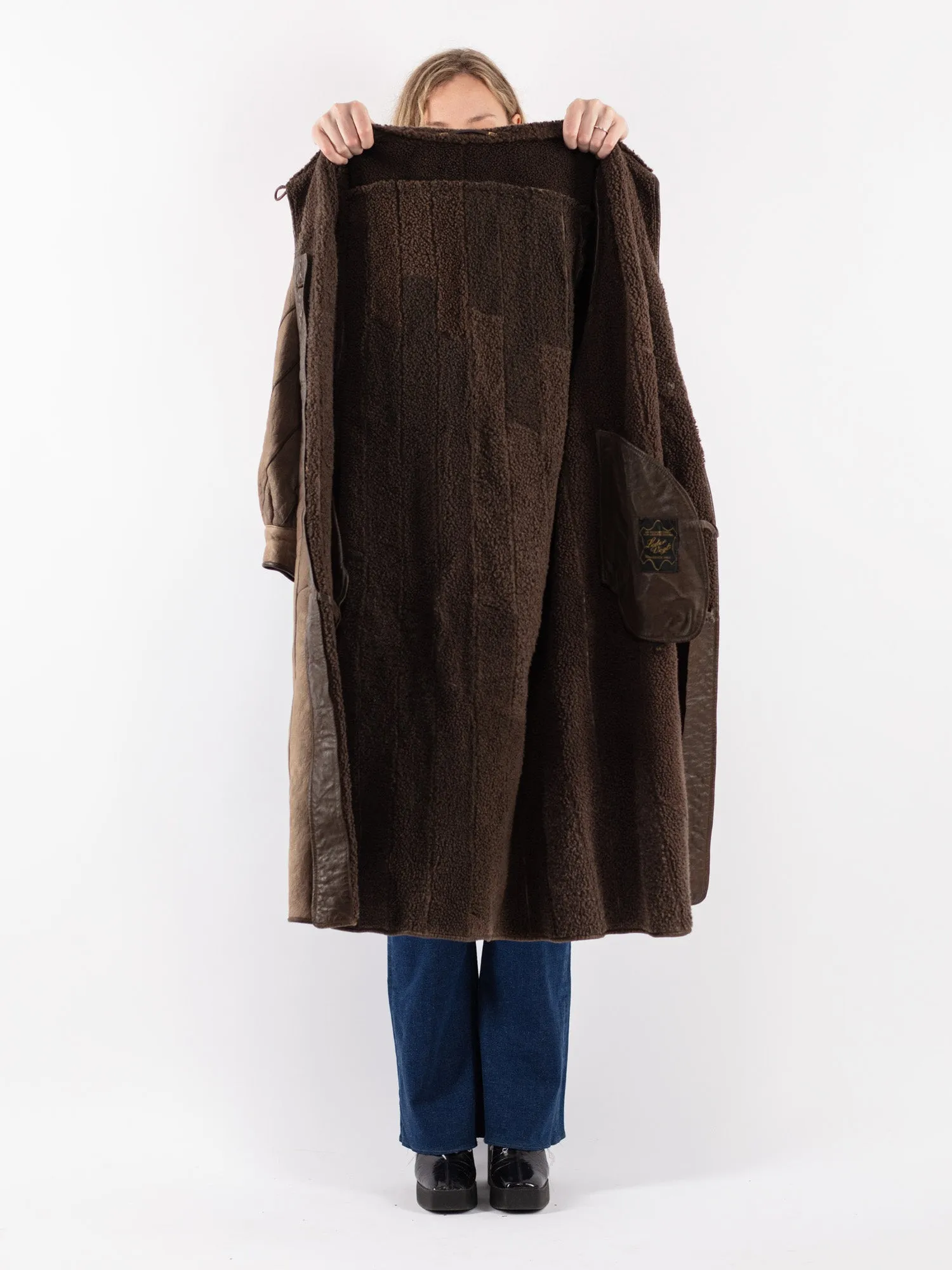 Vintage 80's Women Sheepskin Long Coat in Brown