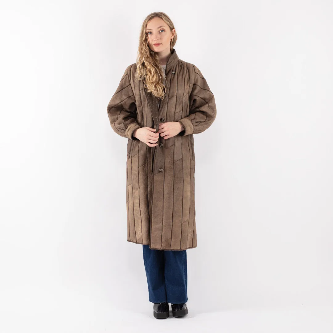 Vintage 80's Women Sheepskin Long Coat in Brown