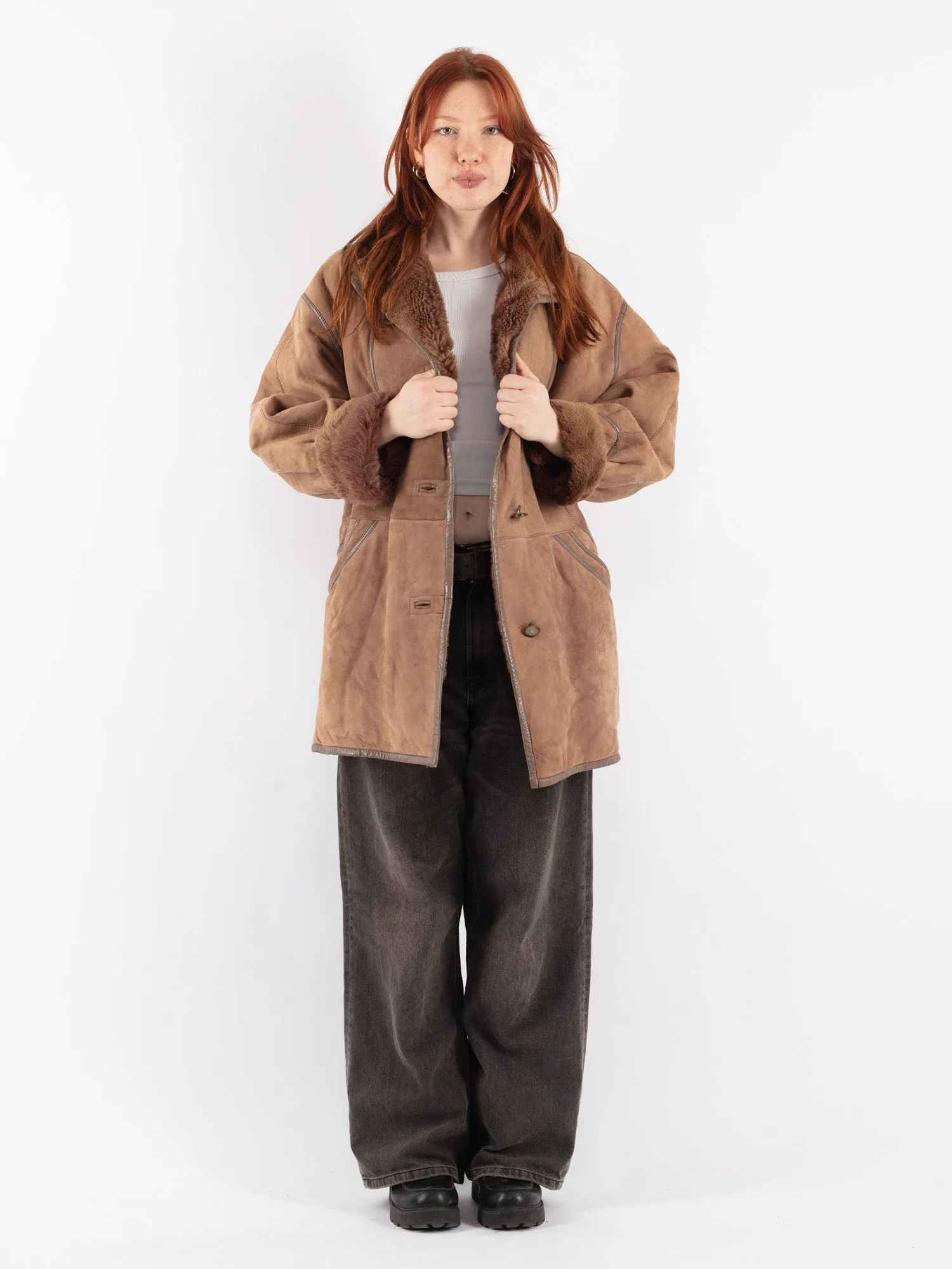 Vintage 80's Women Sheepskin Shearling Coat in Beige