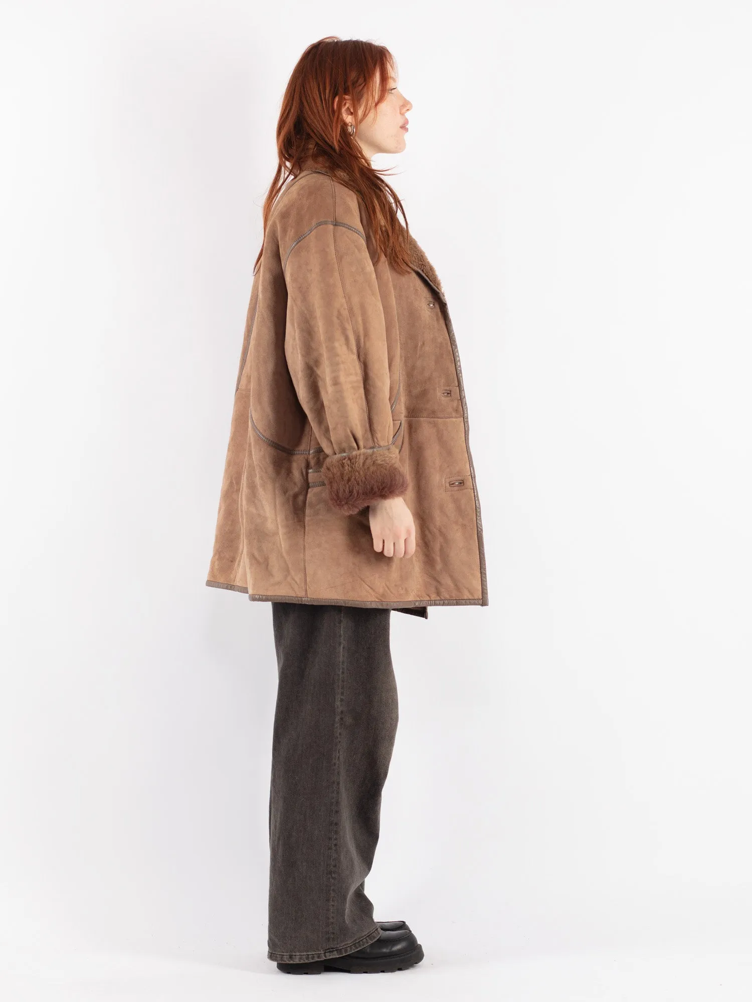 Vintage 80's Women Sheepskin Shearling Coat in Beige