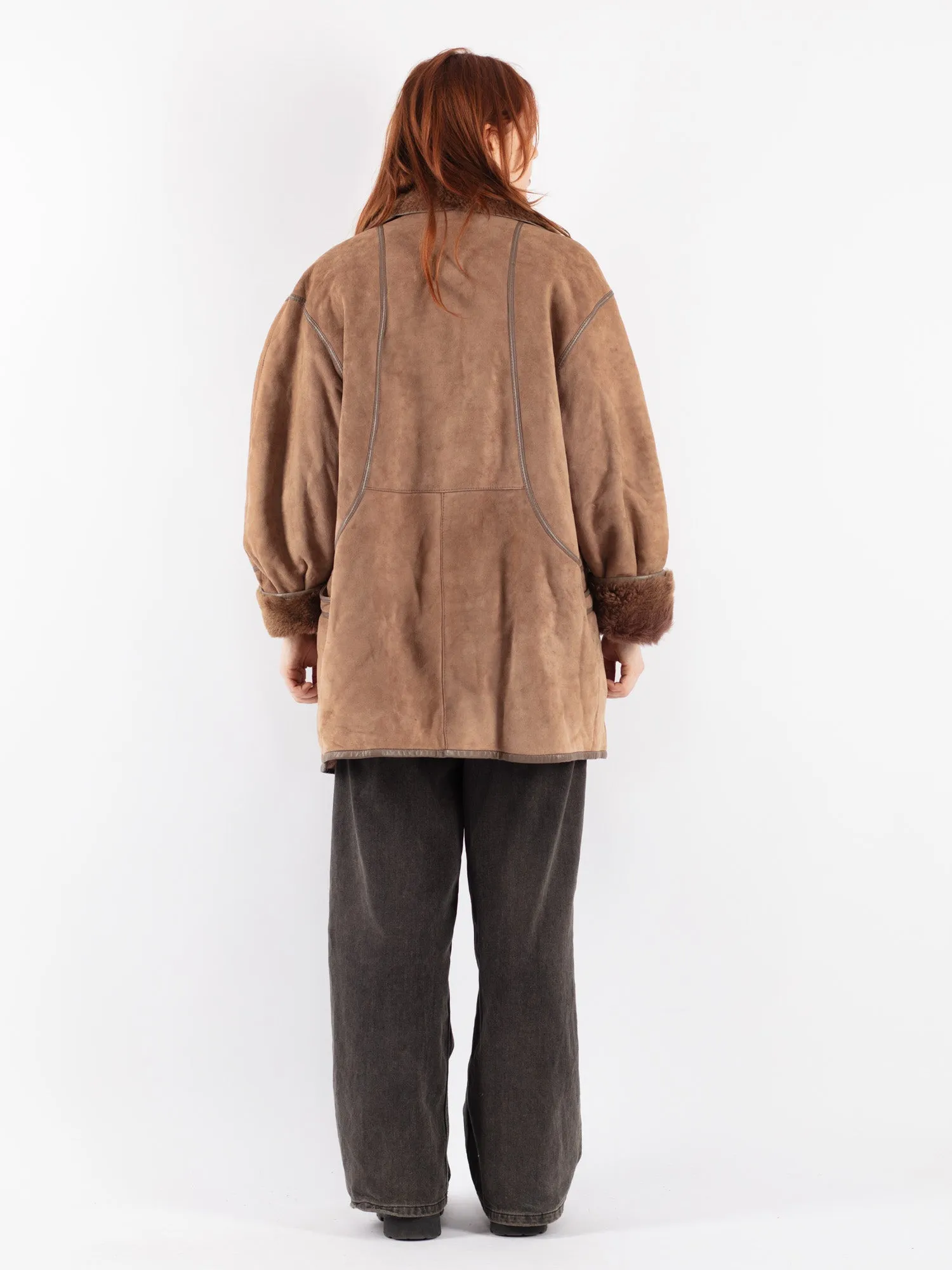 Vintage 80's Women Sheepskin Shearling Coat in Beige