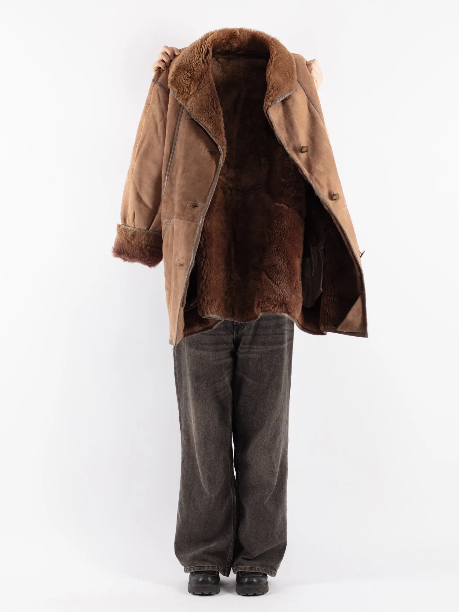 Vintage 80's Women Sheepskin Shearling Coat in Beige