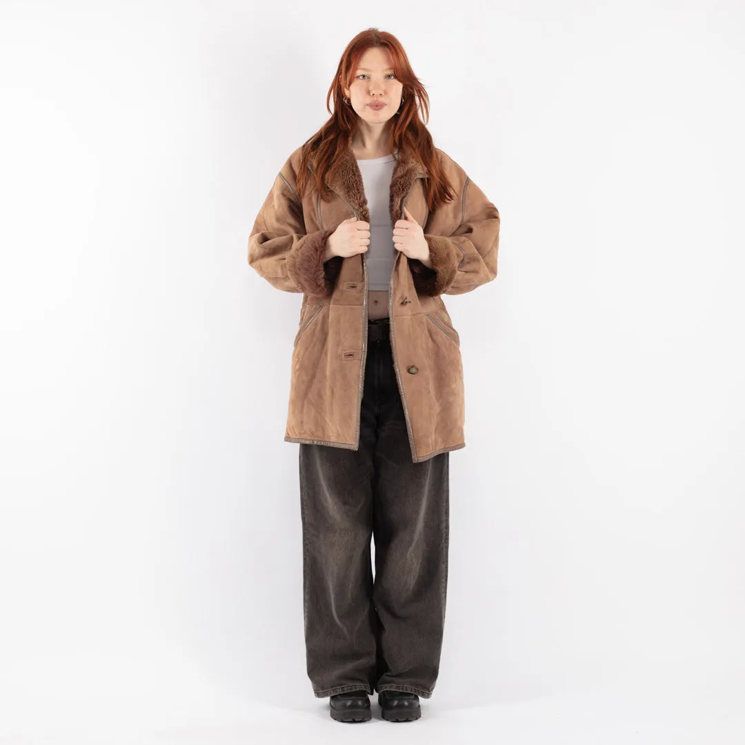 Vintage 80's Women Sheepskin Shearling Coat in Beige