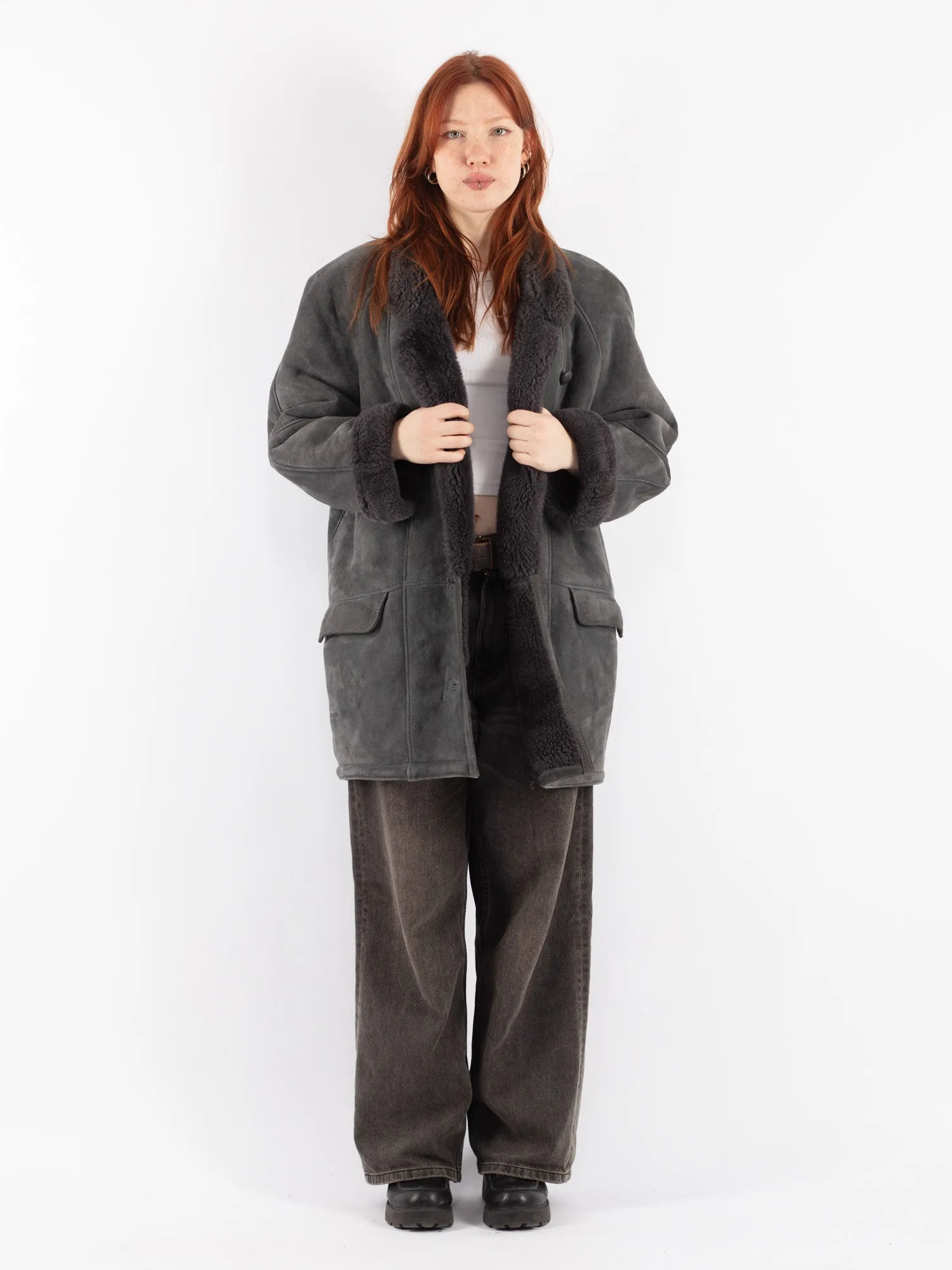 Vintage 80's Women Sheepskin Shearling Coat in Gray