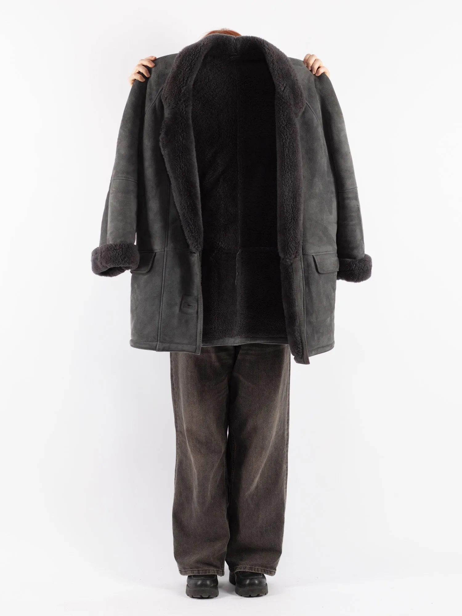 Vintage 80's Women Sheepskin Shearling Coat in Gray