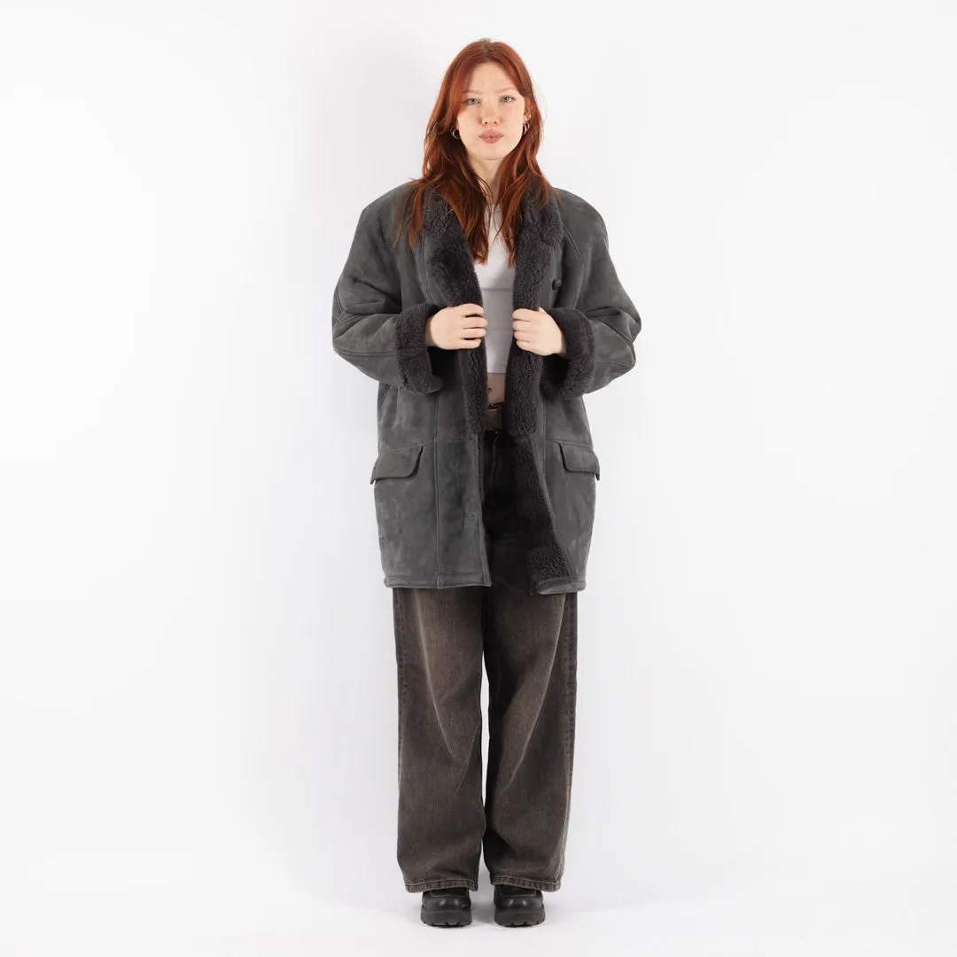 Vintage 80's Women Sheepskin Shearling Coat in Gray