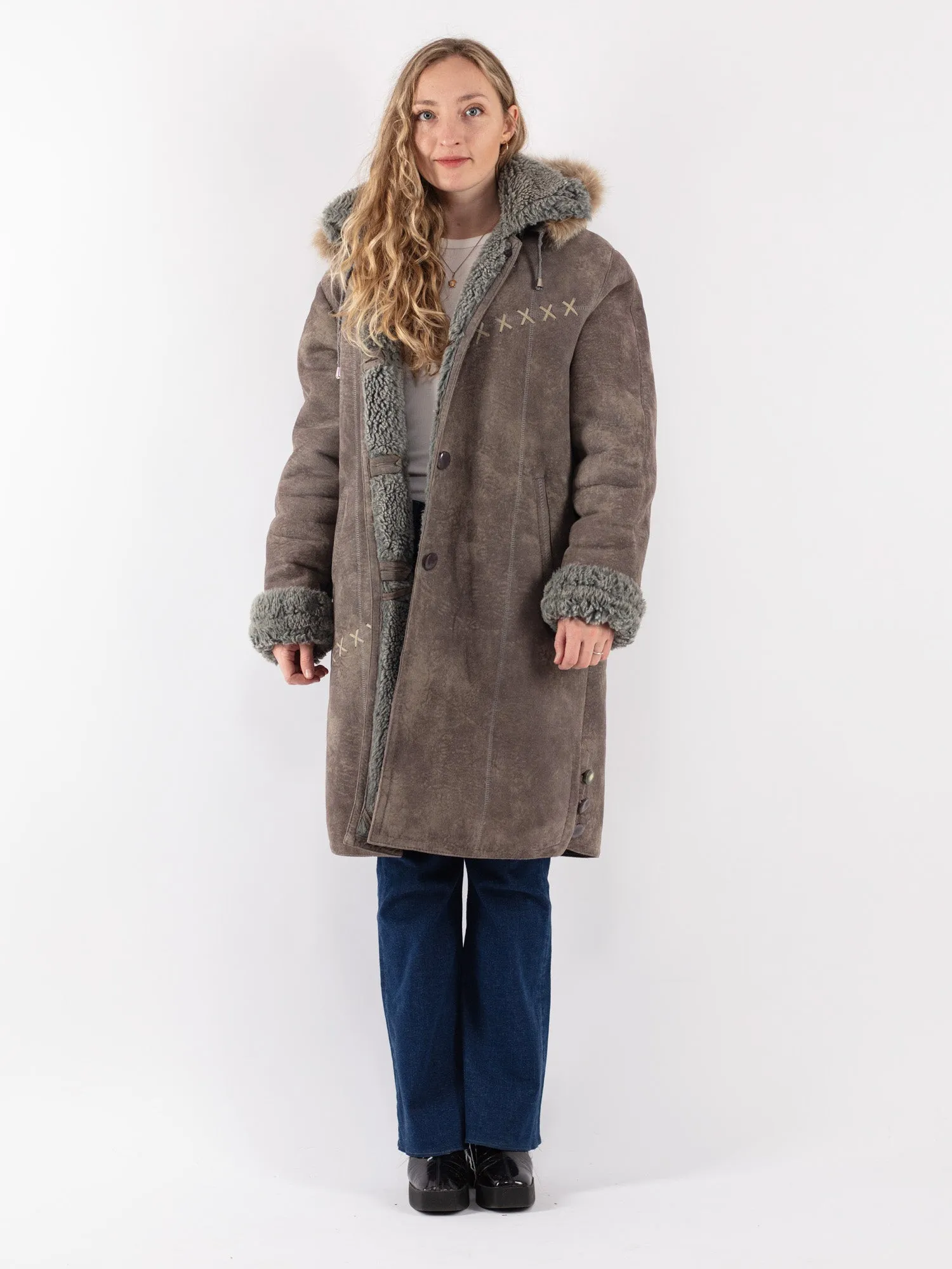 Vintage 90's Women Faux Sheepskin Coat in Gray