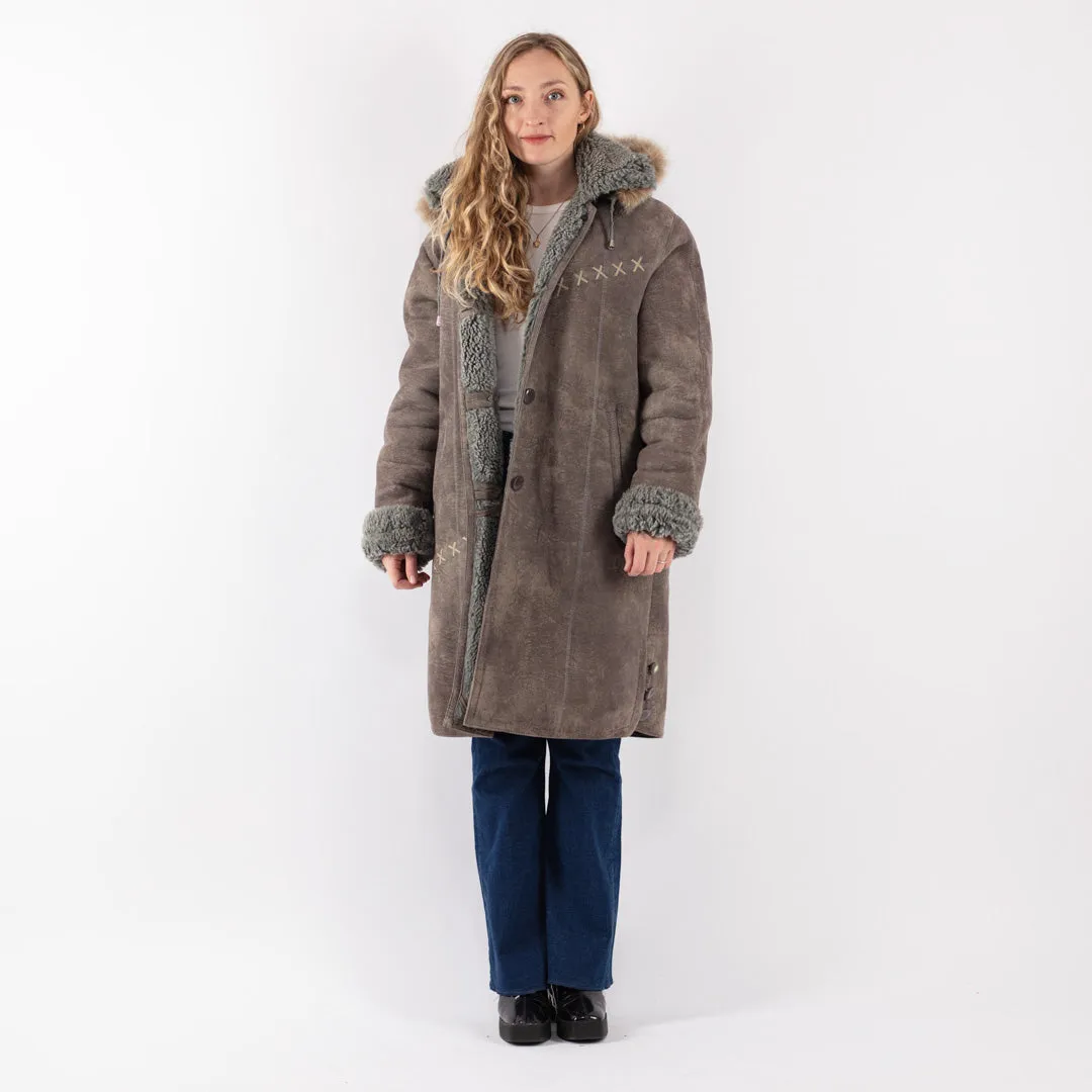 Vintage 90's Women Faux Sheepskin Coat in Gray