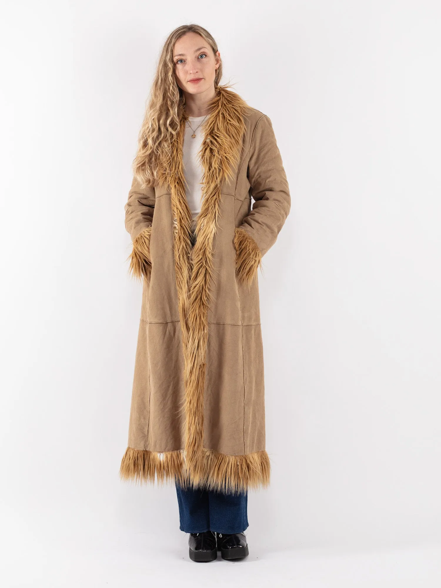 Vintage 90's Women Faux Sheepskin Long Coat in Beige