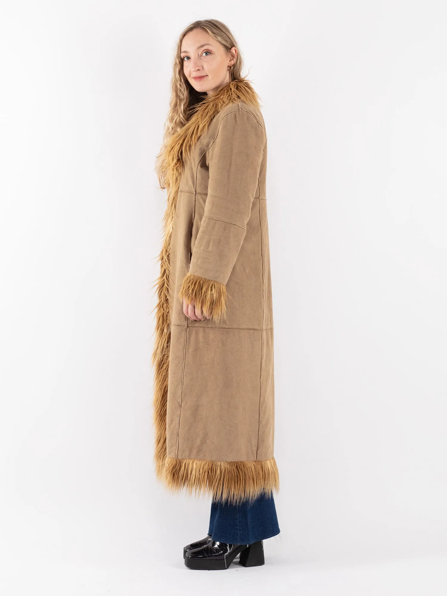 Vintage 90's Women Faux Sheepskin Long Coat in Beige