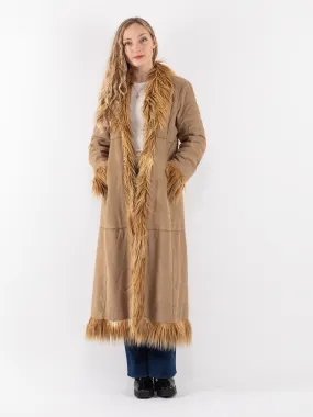 Vintage 90's Women Faux Sheepskin Long Coat in Beige