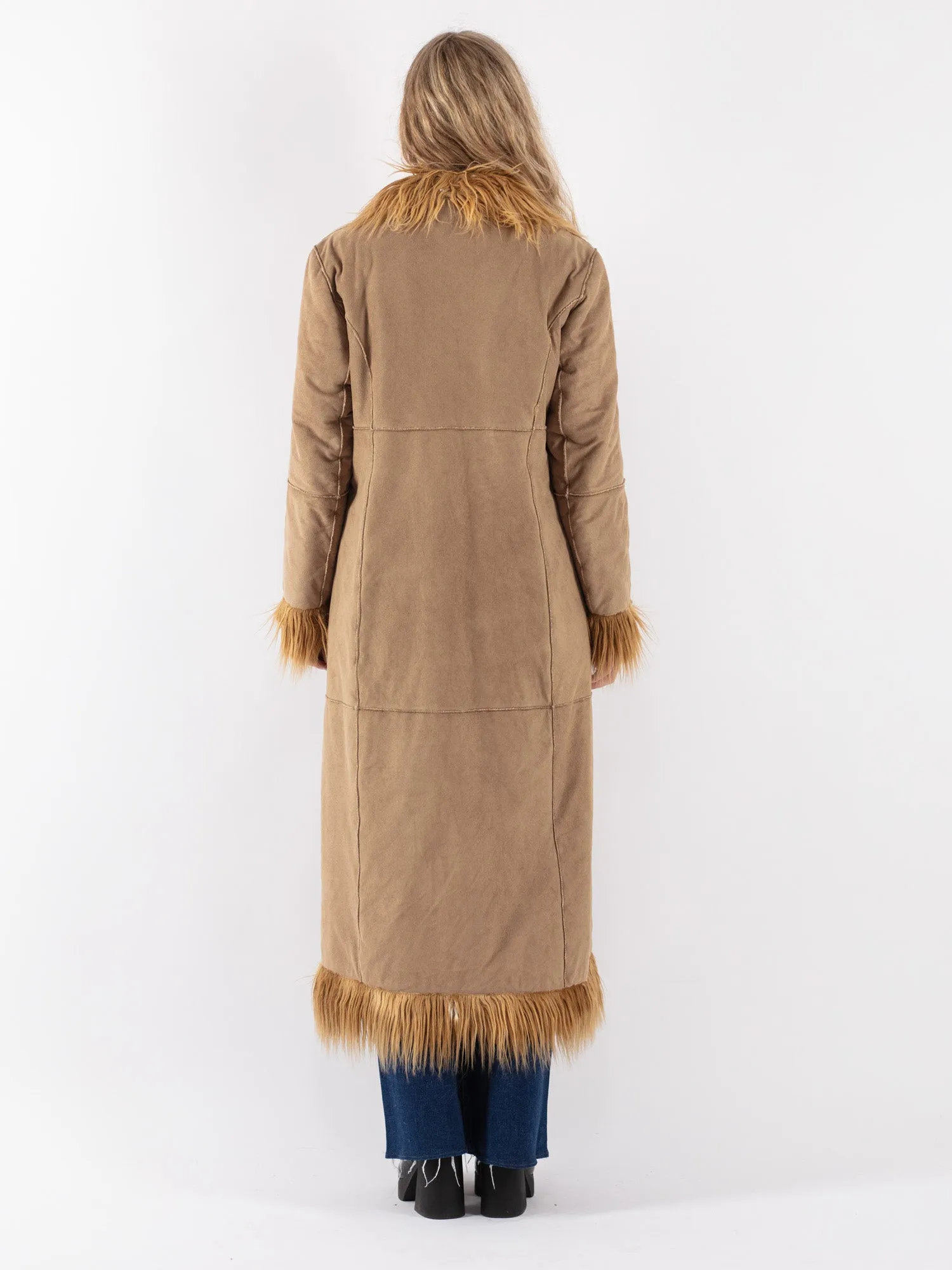 Vintage 90's Women Faux Sheepskin Long Coat in Beige