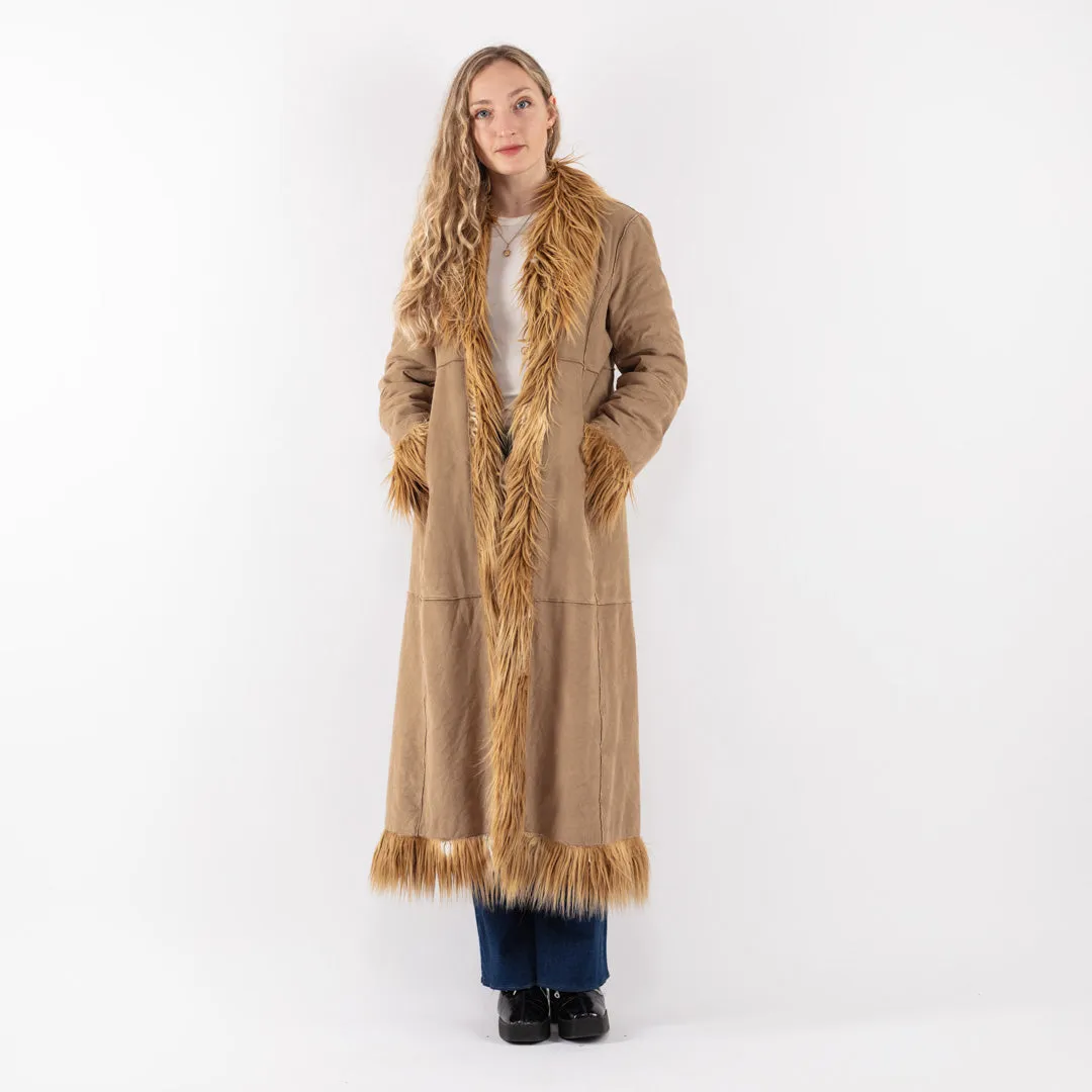 Vintage 90's Women Faux Sheepskin Long Coat in Beige