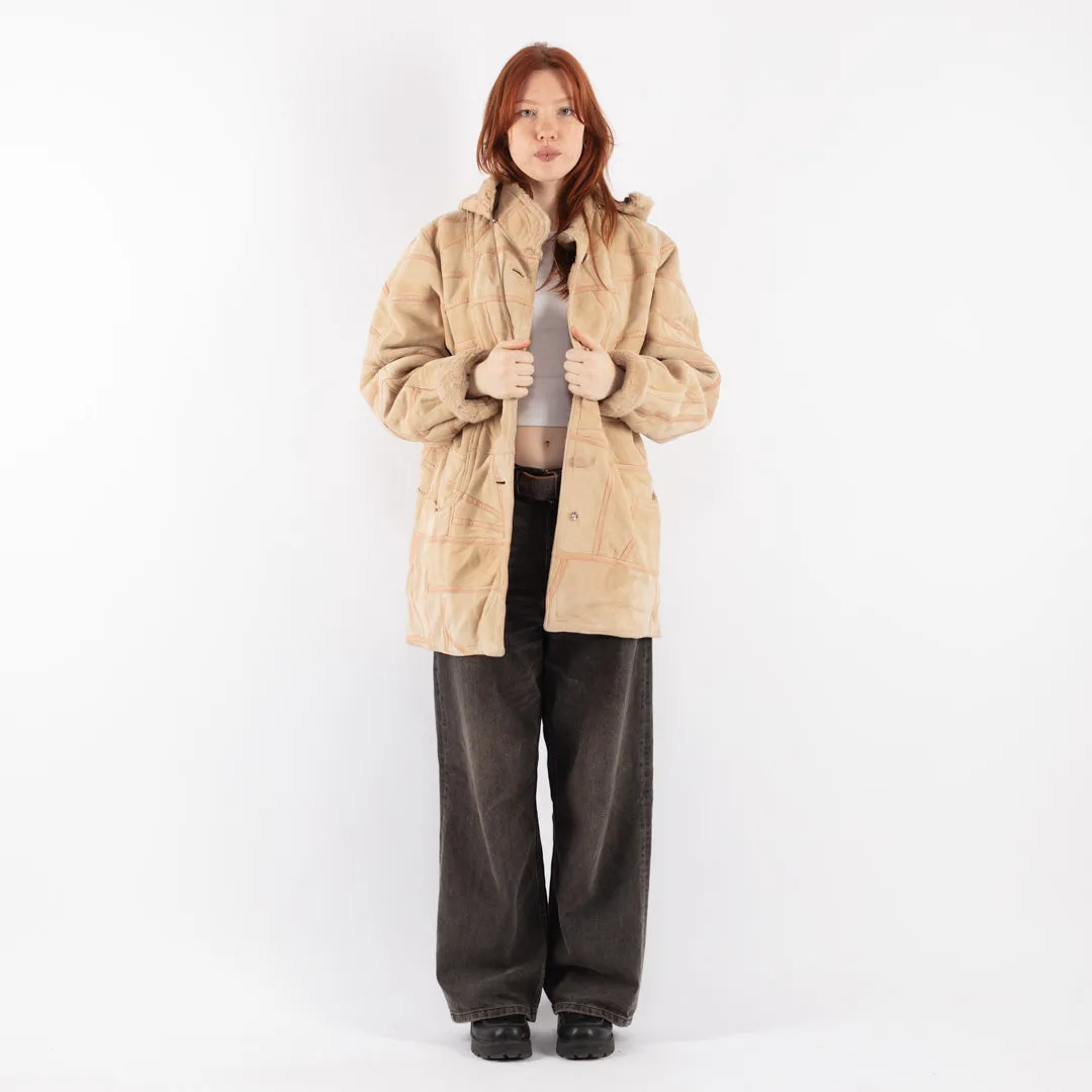 Vintage 90's Women Hooded Sheepskin Coat in Beige