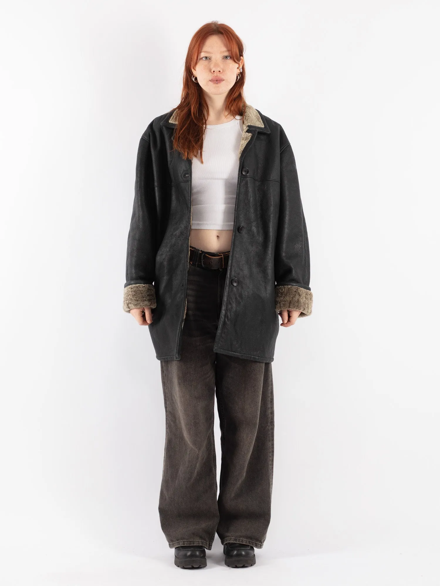 Vintage 90's Women Oversized Sheepskin Coat in Black