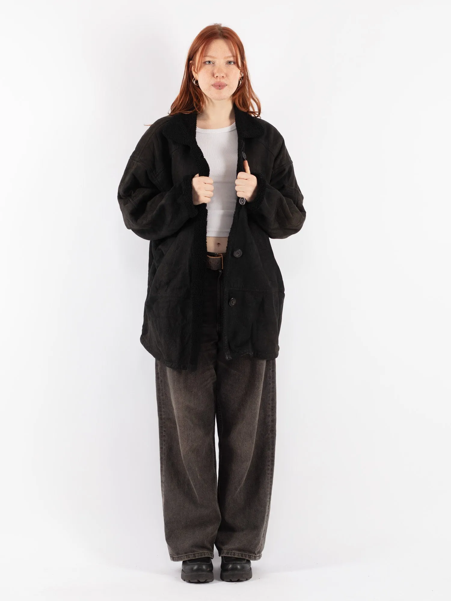 Vintage 90's Women Sheepskin Coat in Black