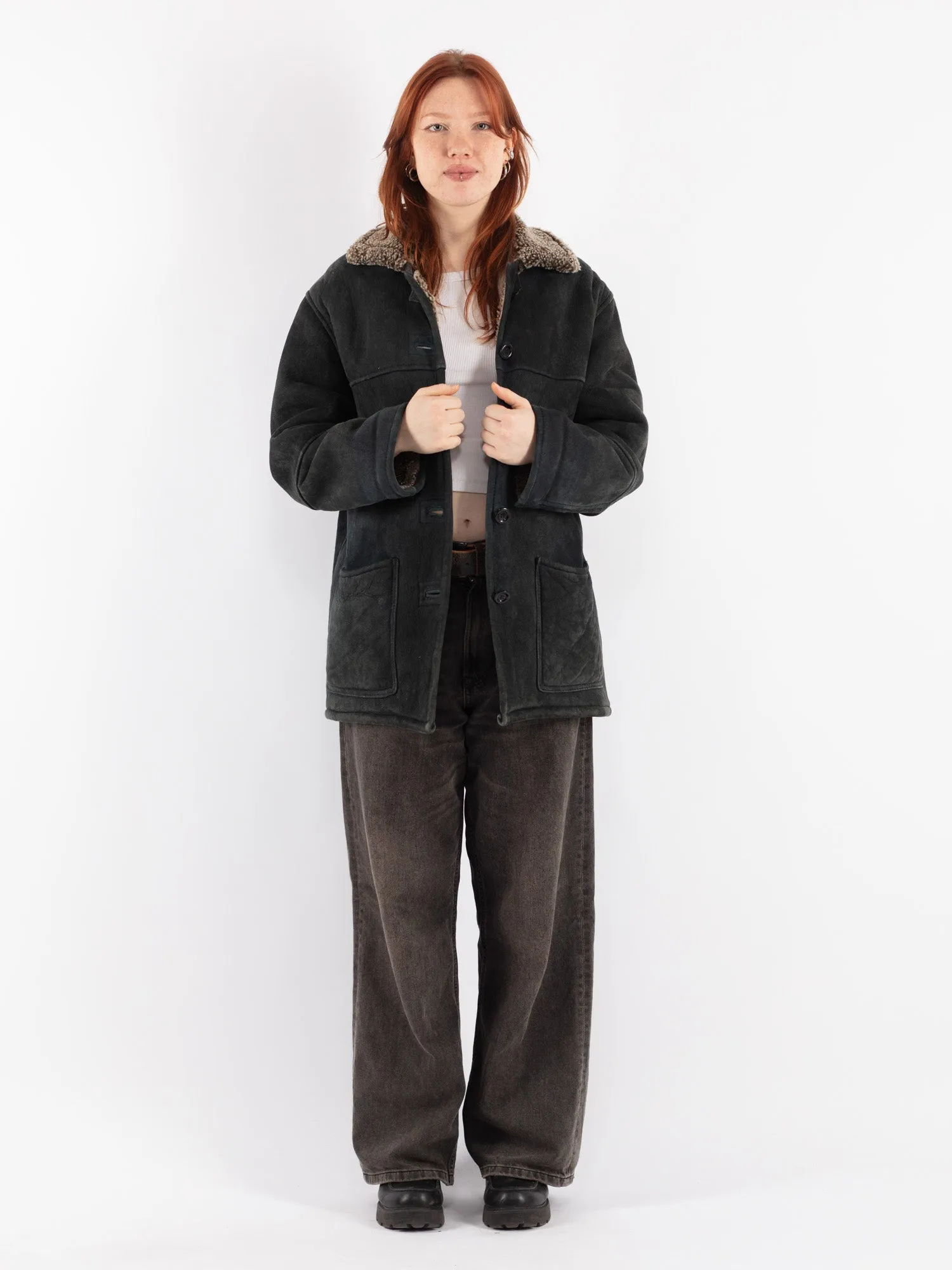 Vintage 90's Women Sheepskin Shearling Coat in Black