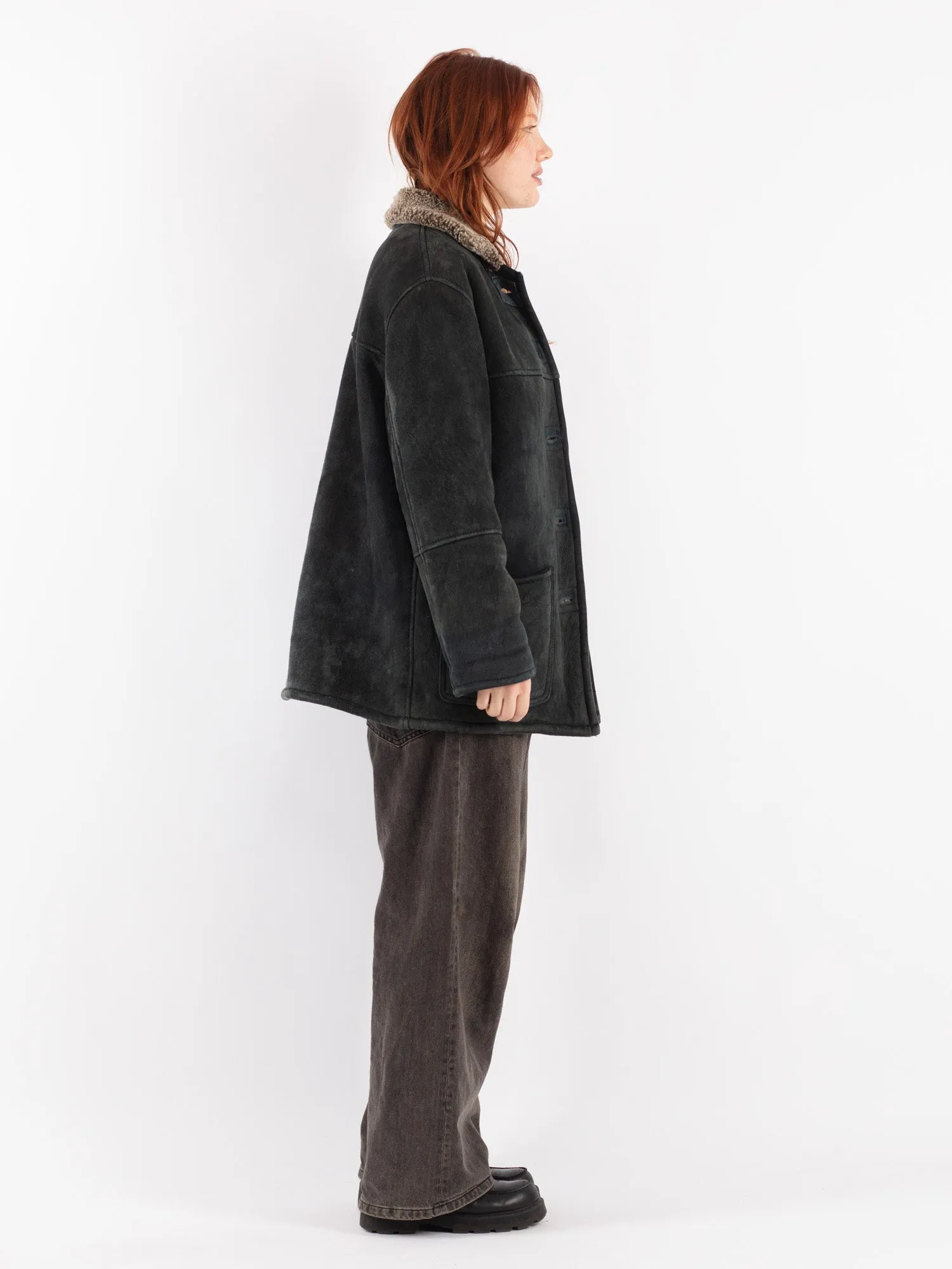 Vintage 90's Women Sheepskin Shearling Coat in Black