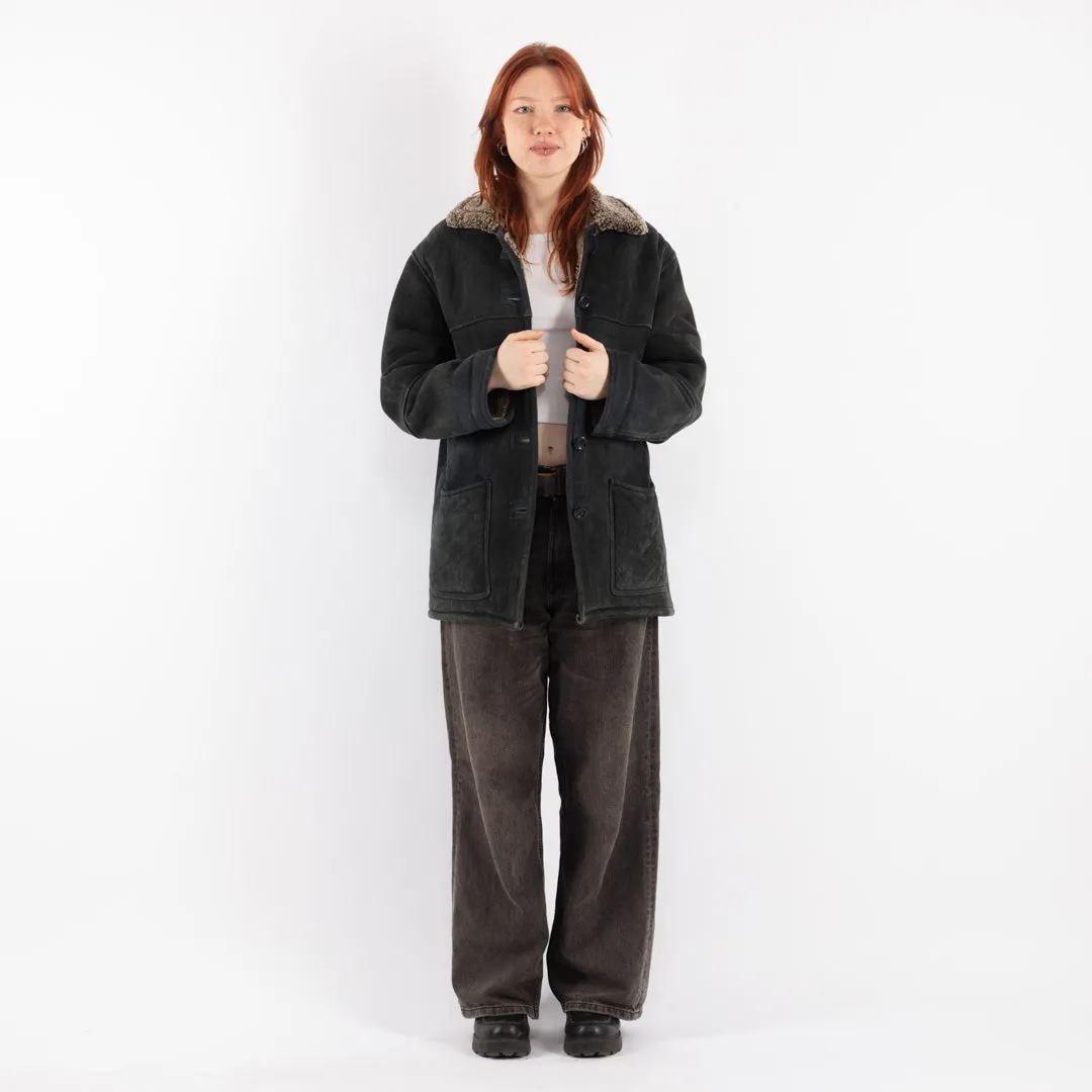 Vintage 90's Women Sheepskin Shearling Coat in Black