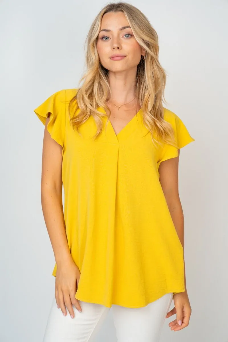 White Birch Flutter Sleeve Top in Lemon Grass