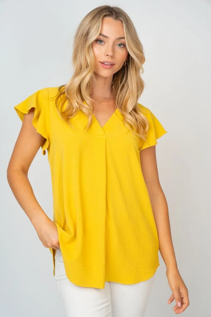 White Birch Flutter Sleeve Top in Lemon Grass