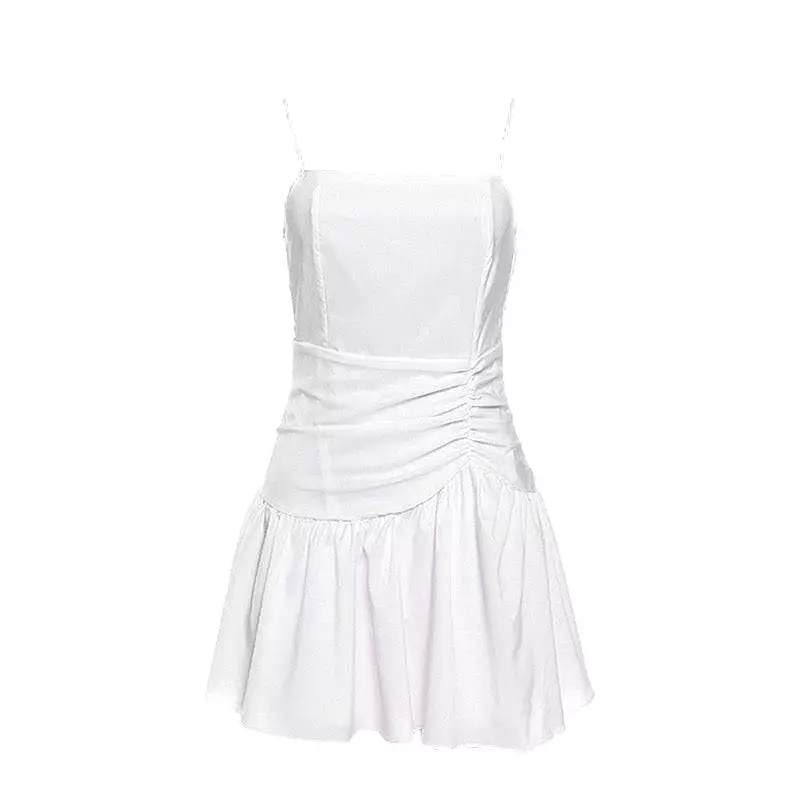 White Ruched Waist Flared Skirt Short Dress