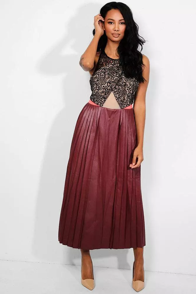 Wine Vegan Leather Pleated Skirt Maxi Dress