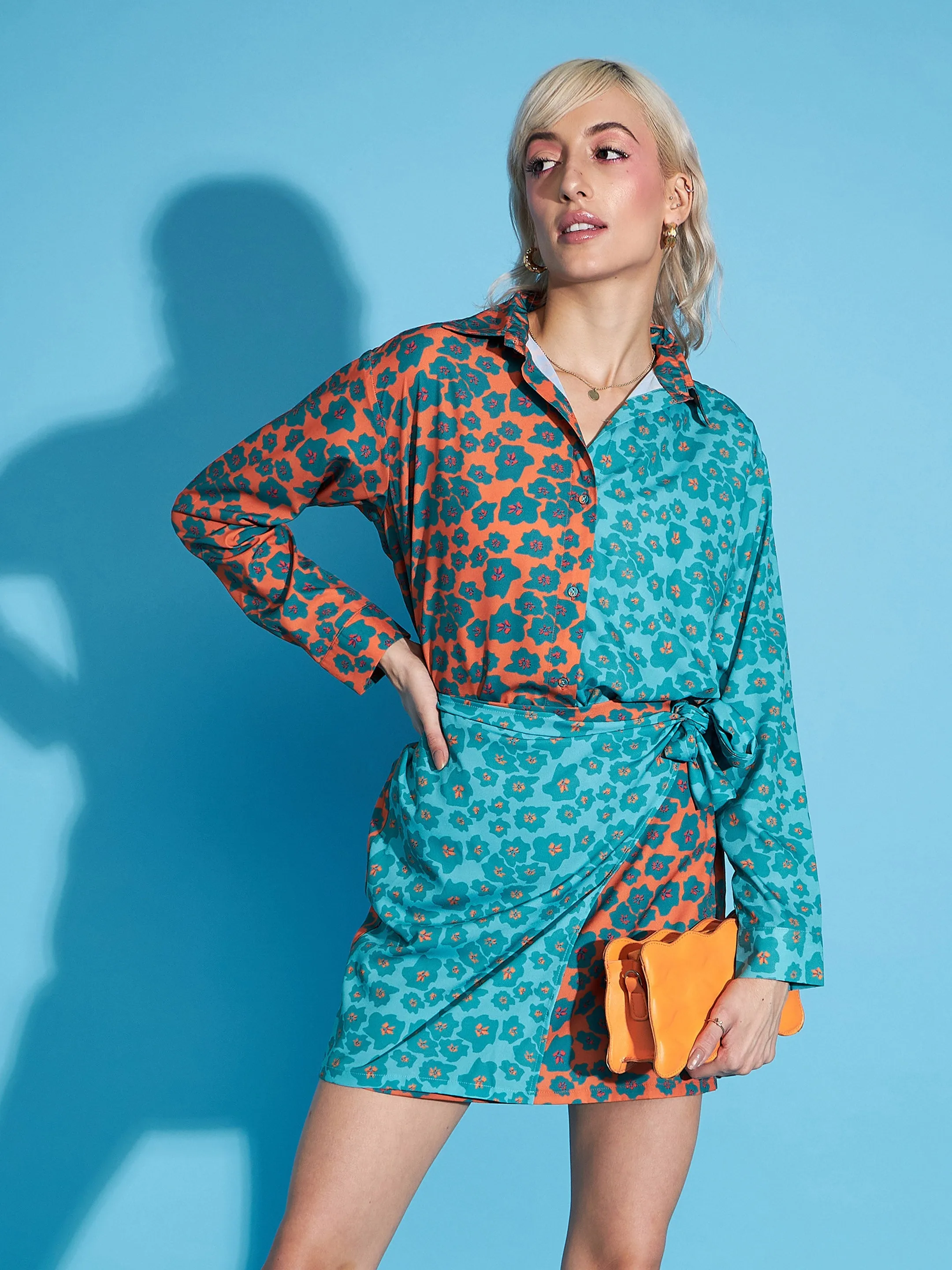 Women Green & Orange Floral Shirt With Wrap Skirt