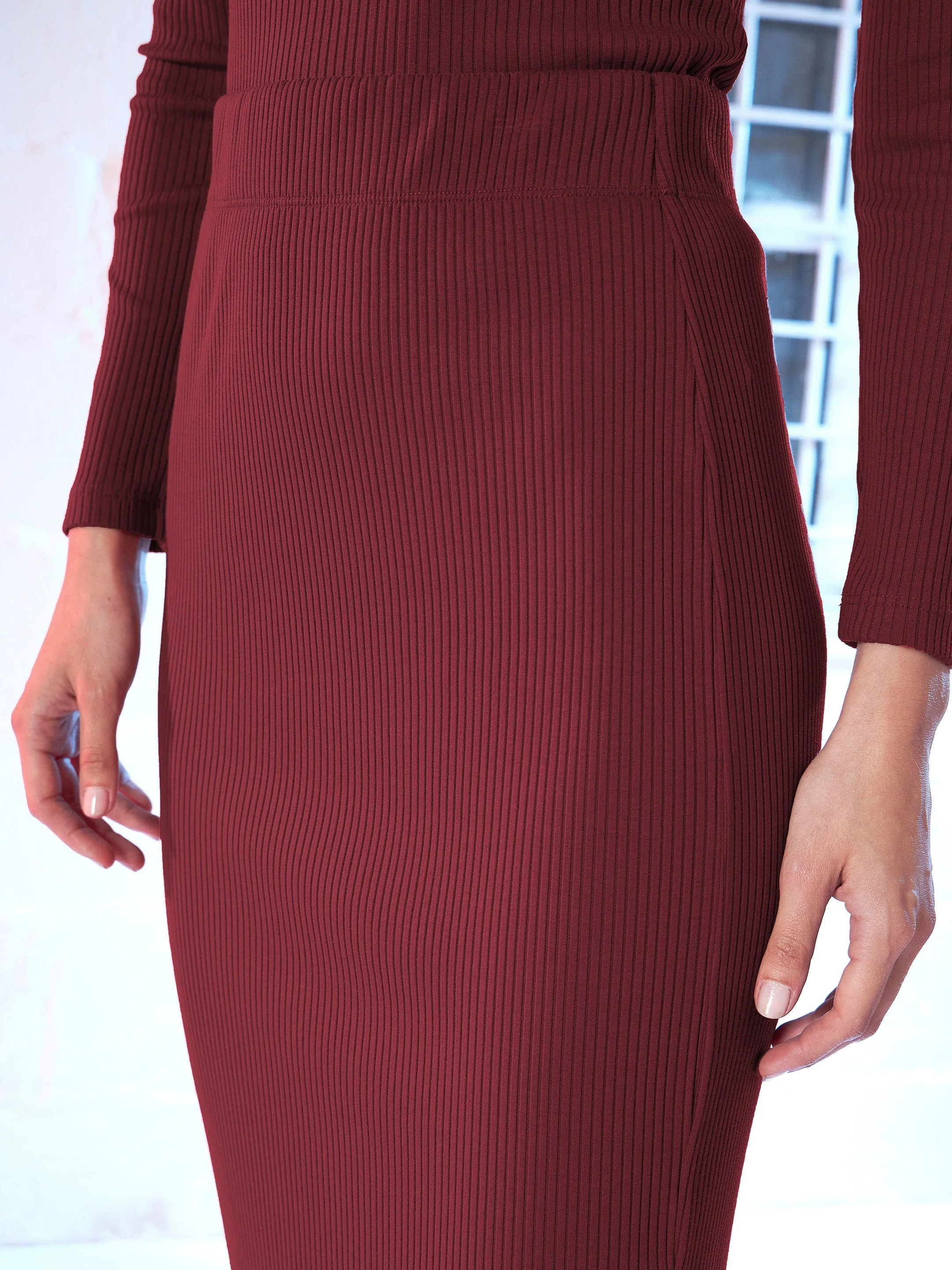 Women Maroon Side Slit Pencil Skirt