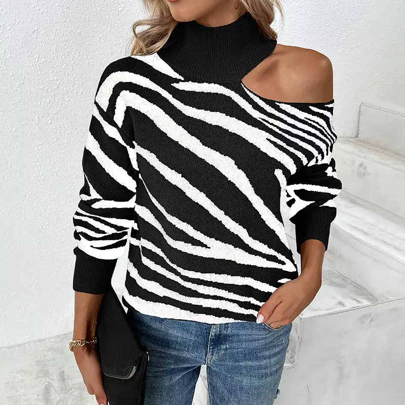 Women Sweaters Kniting High Collar Pullover Bicolor Tiger Printed Off Shoulder