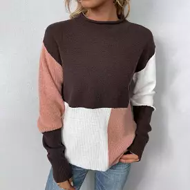 Women Sweaters Kniting Round Collar Pullover Bicolor Color Blocking