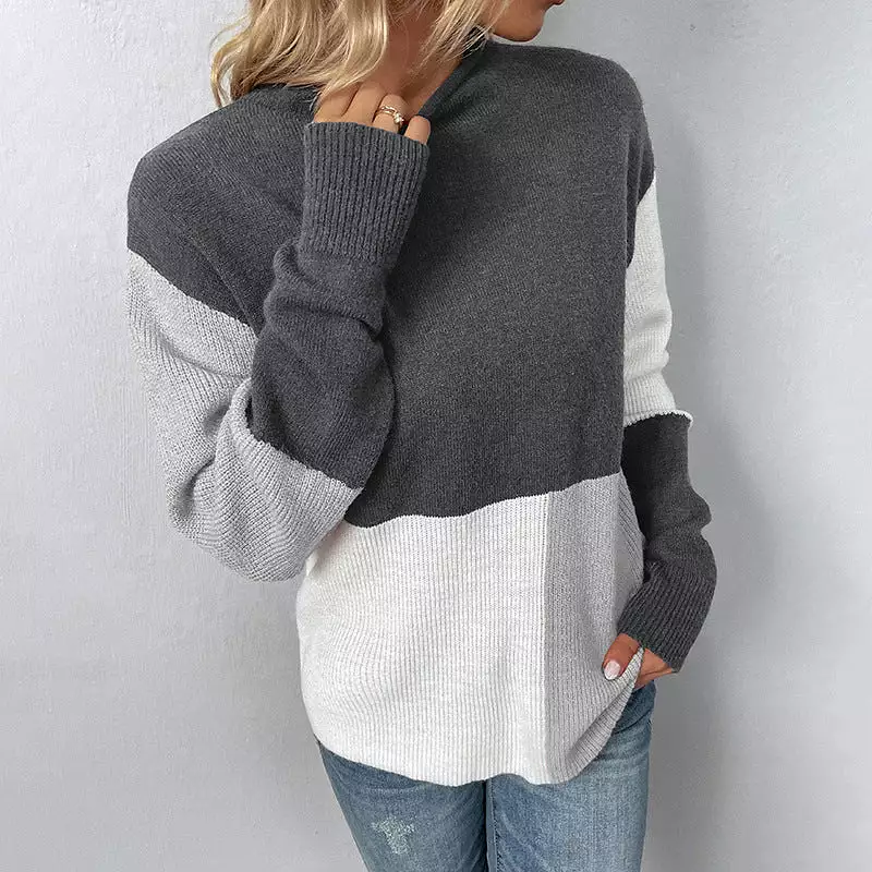 Women Sweaters Kniting Round Collar Pullover Bicolor Color Blocking