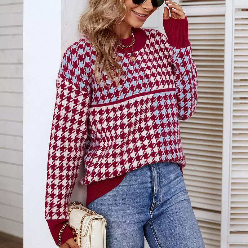 Women Sweaters Kniting Round Collar Pullover Bicolor Lattice Long Sleeve