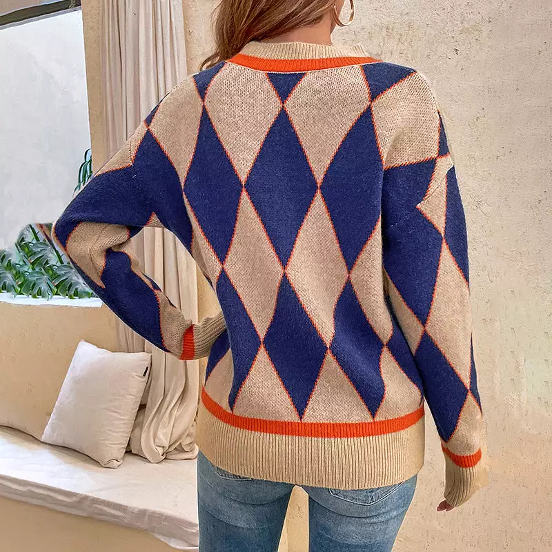 Women Sweaters Kniting Round Collar Pullover Bicolor Lattice