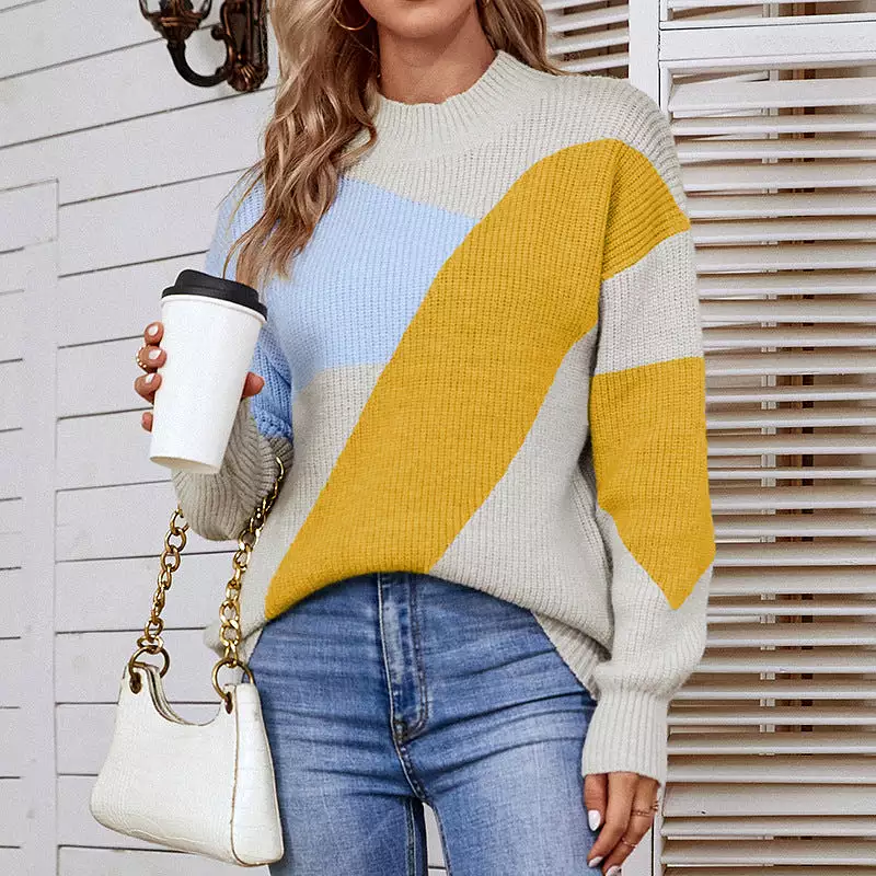 Women Sweaters Kniting Round Collar Pullover Bicolor Stripes