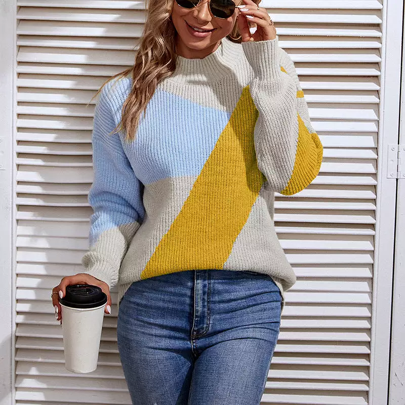 Women Sweaters Kniting Round Collar Pullover Bicolor Stripes